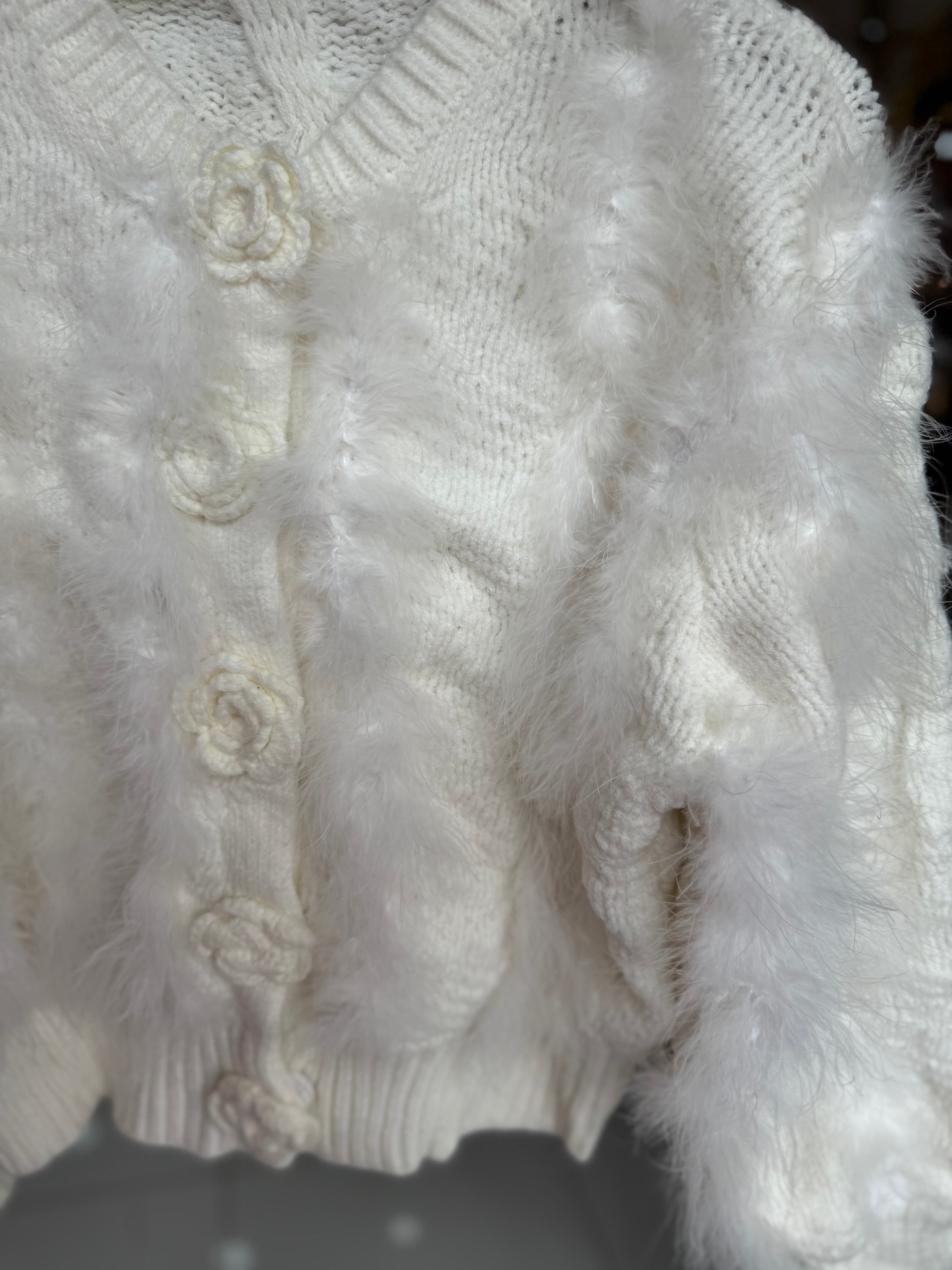 Off-White Fur & Wool Sweater with Flower Buttons