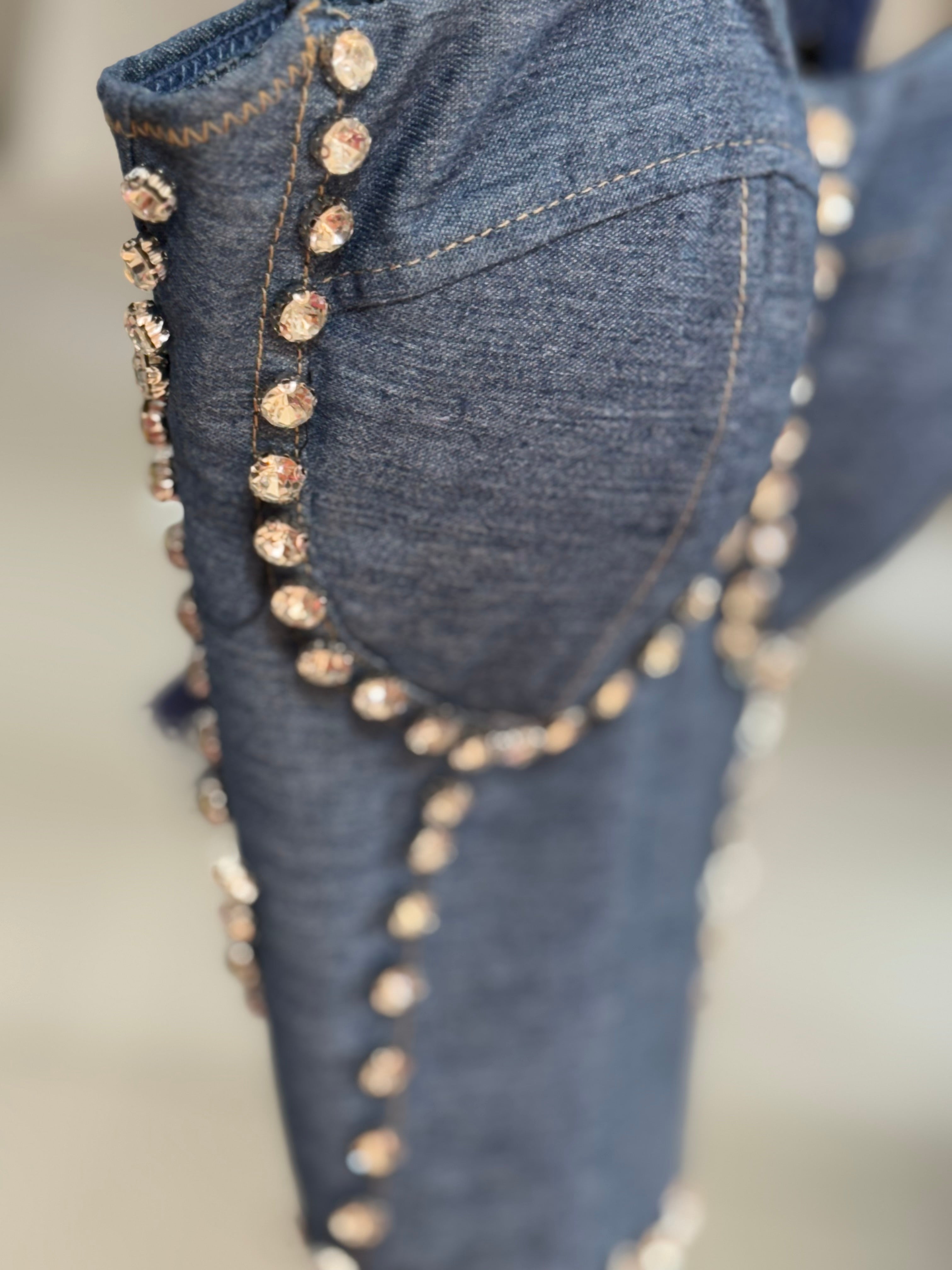 Strass‑Embellished Crop Corset with Built‑in Breast Pads – Black & Denim