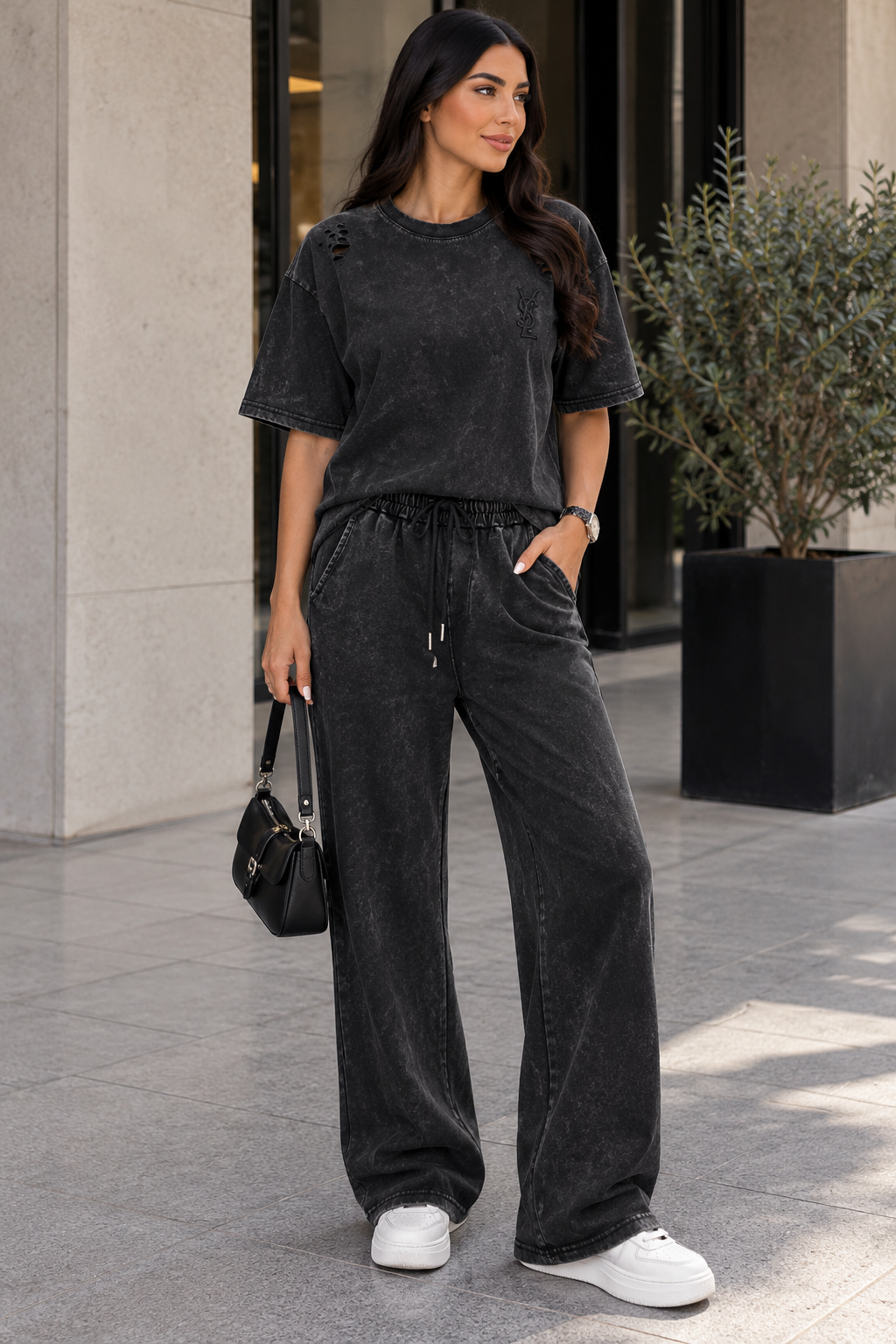 Urban Distressed Wide-Leg Two-Piece Set