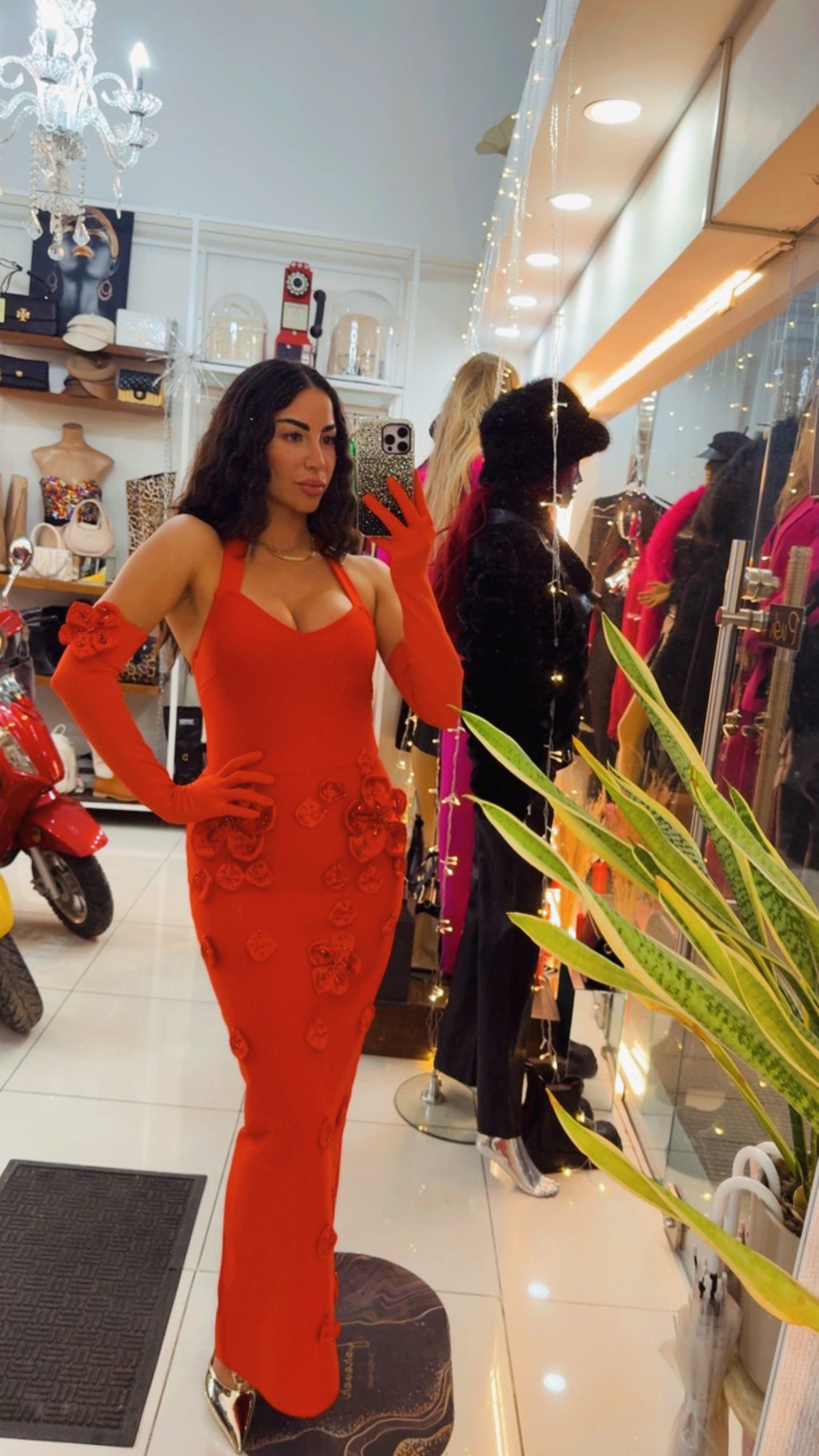 Bandage red flower dress with gloves