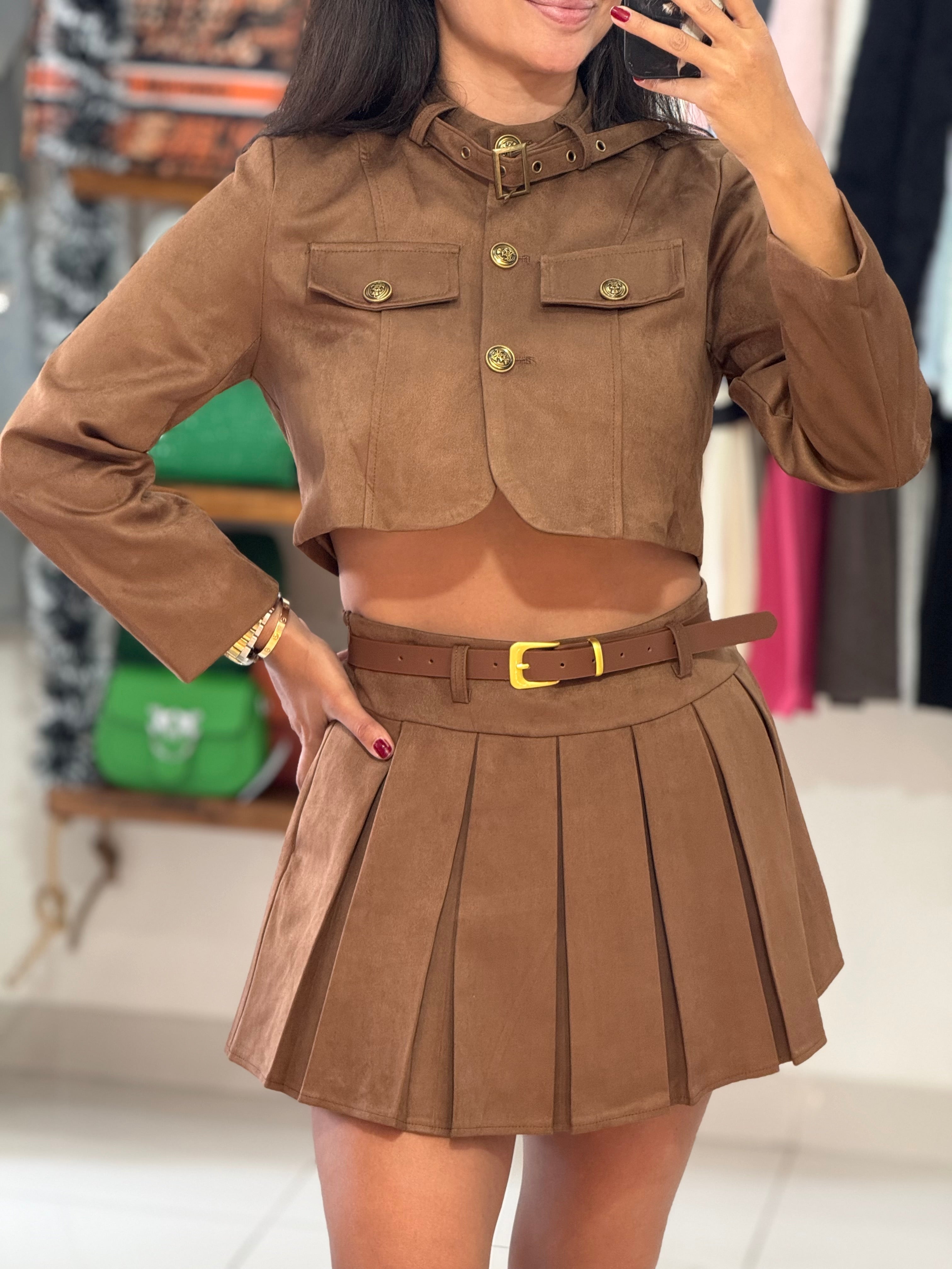 Brown Suede Crop Jacket & Pleated Skort Set