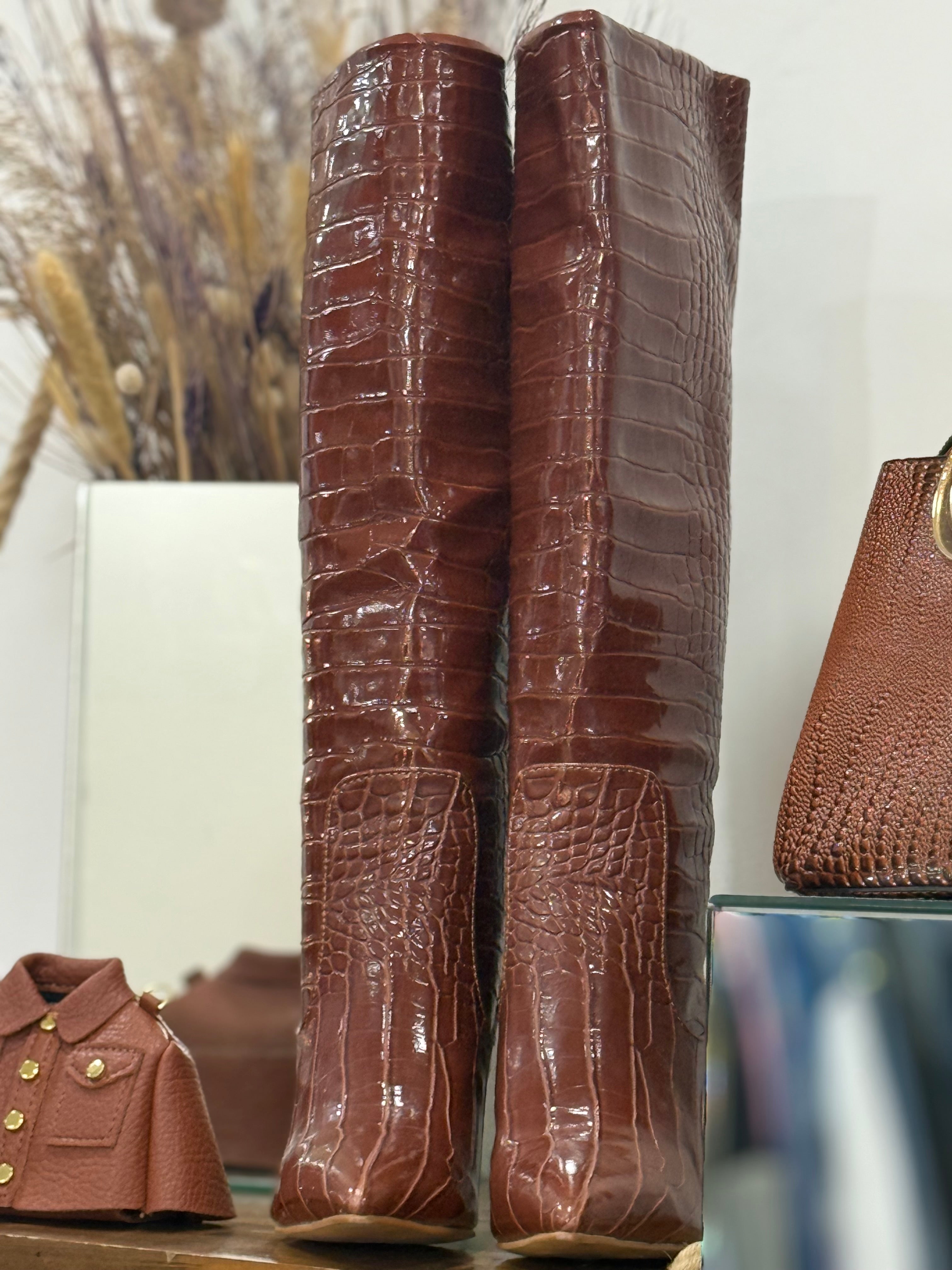 Leather croco high heels boots