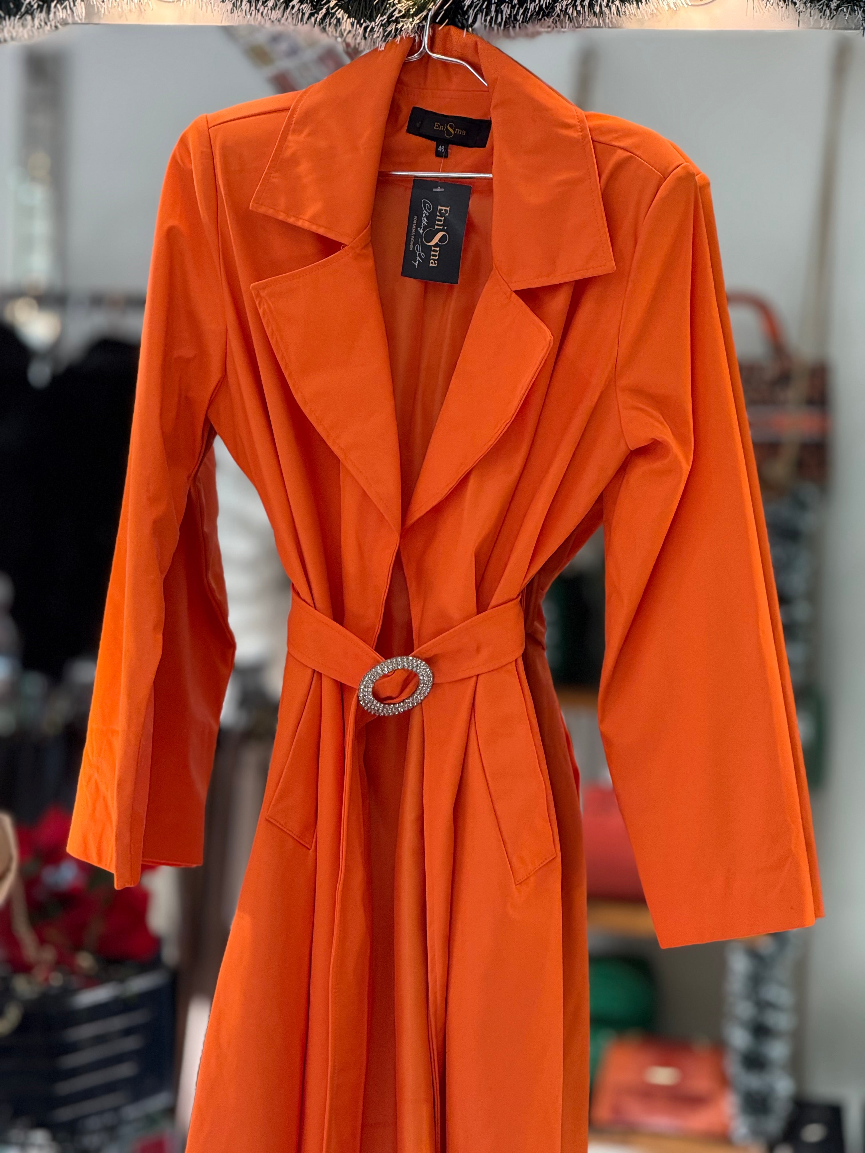 Leather long coat with stones belt