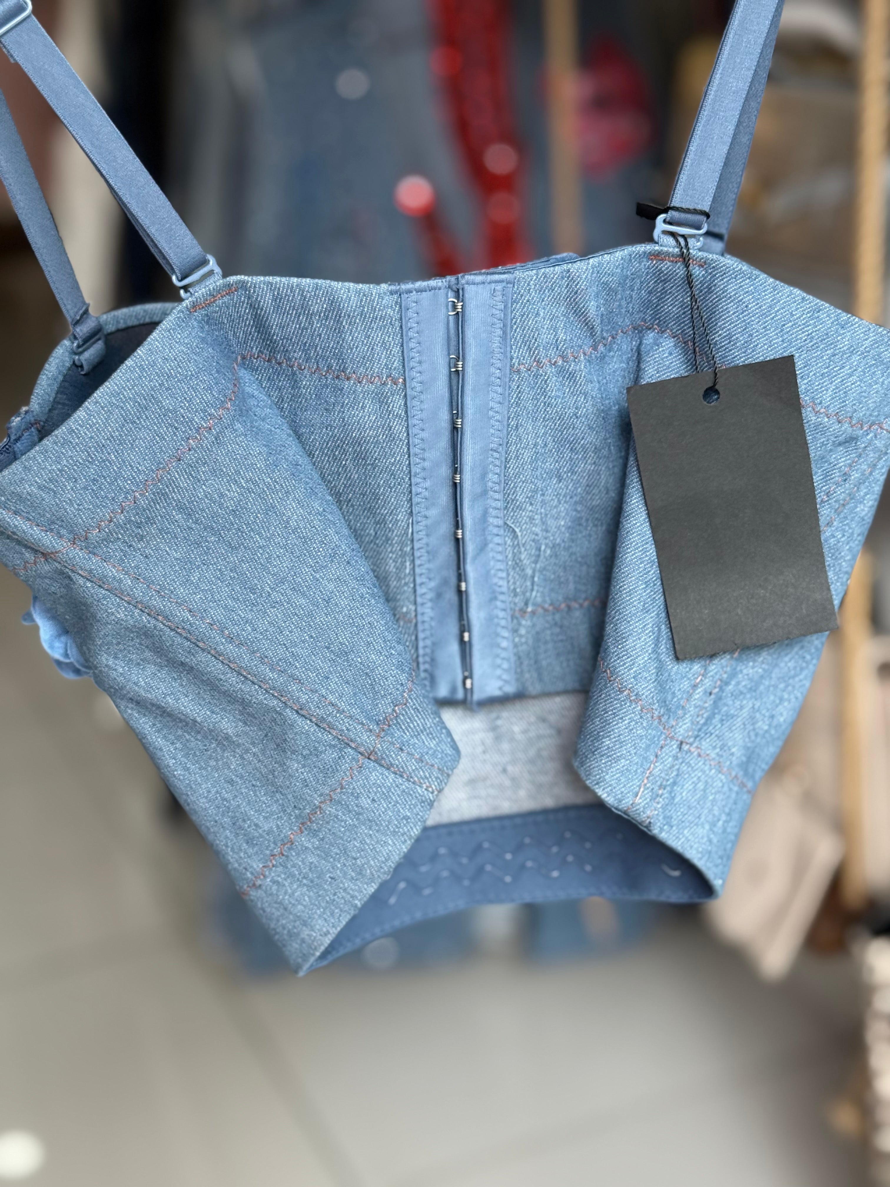 Floral denim padded corset crop top