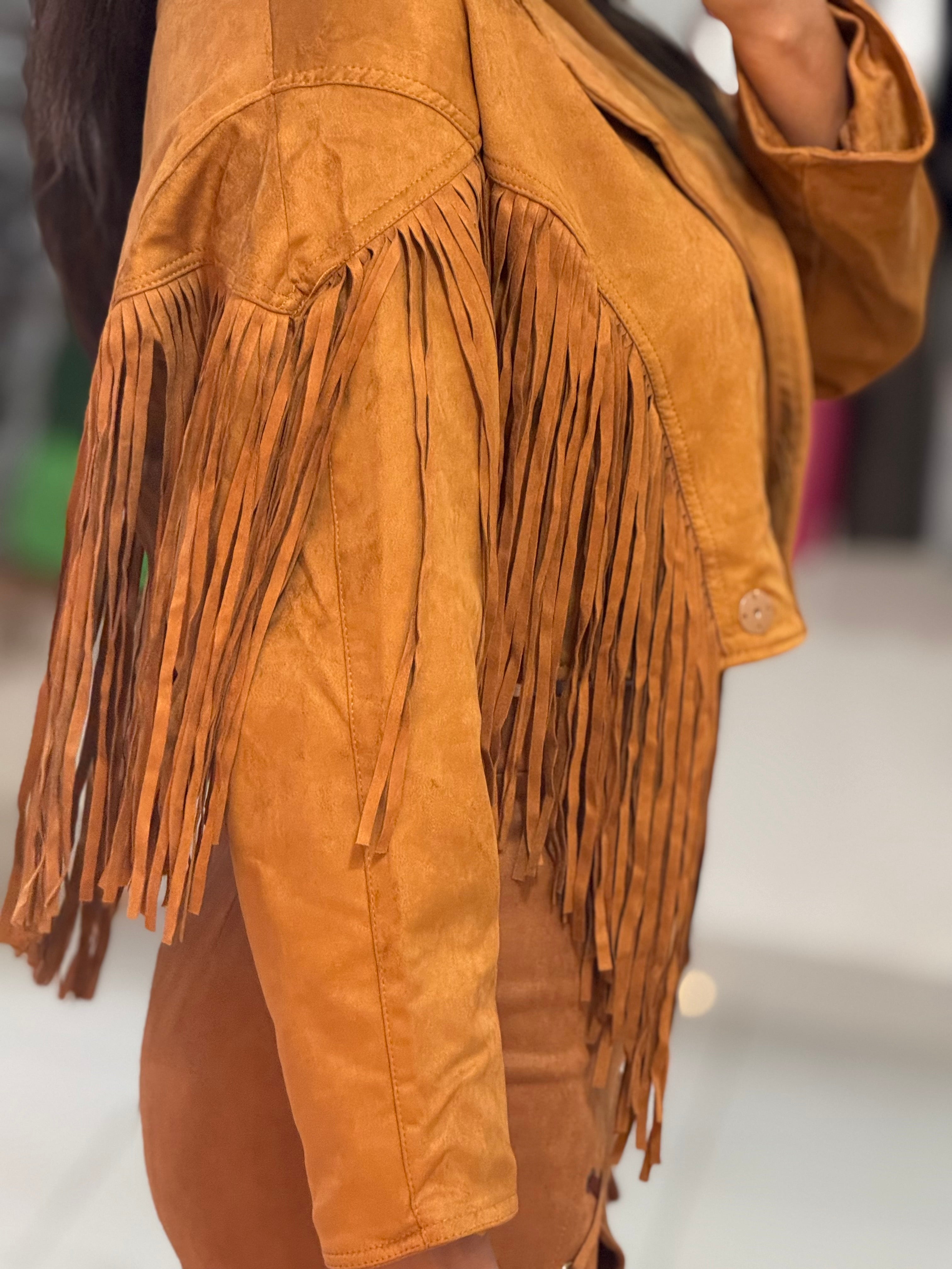 Fringe-Trim Light Brown Wool Jacket