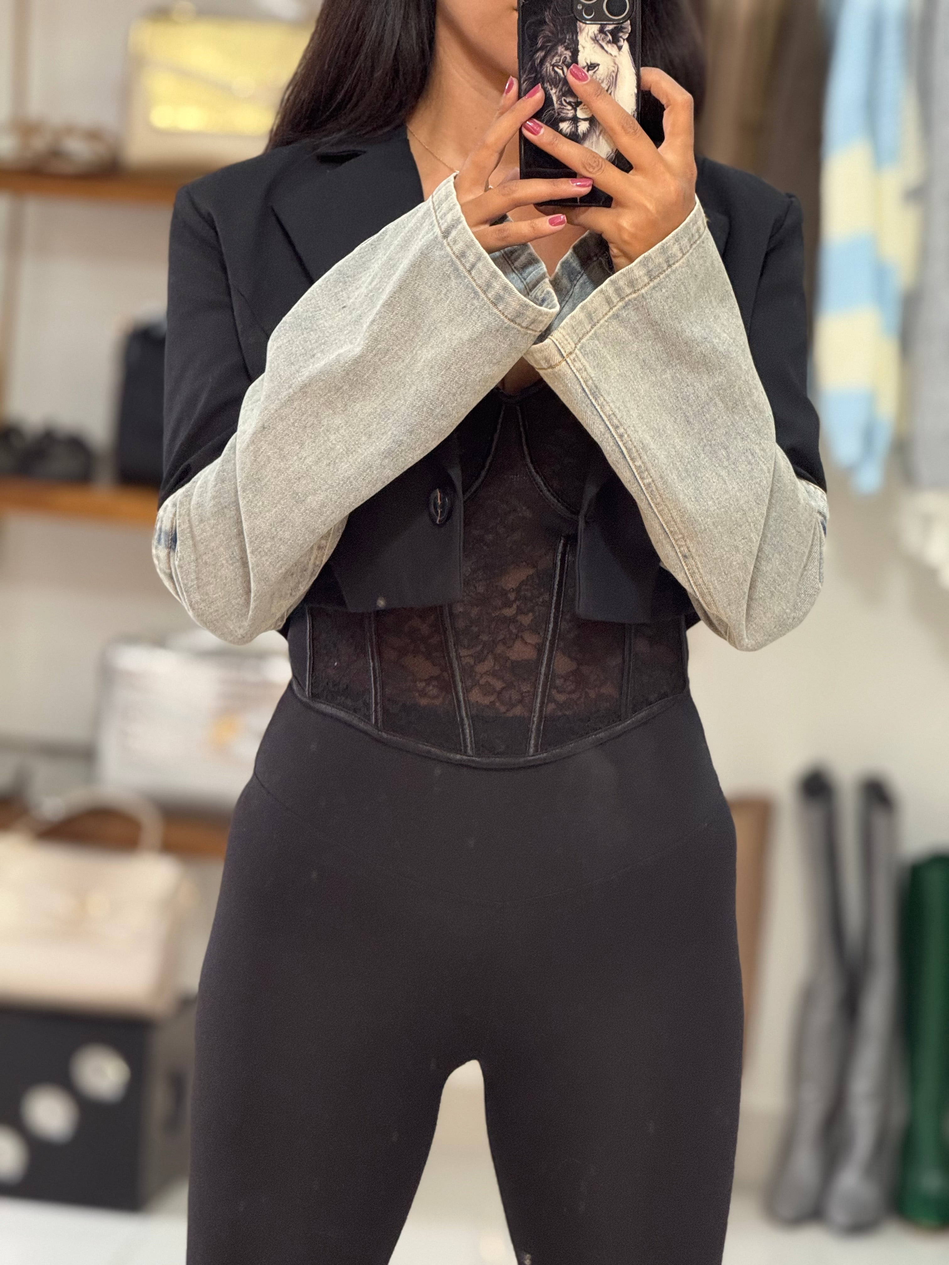 Crop jacket with denim sleeves