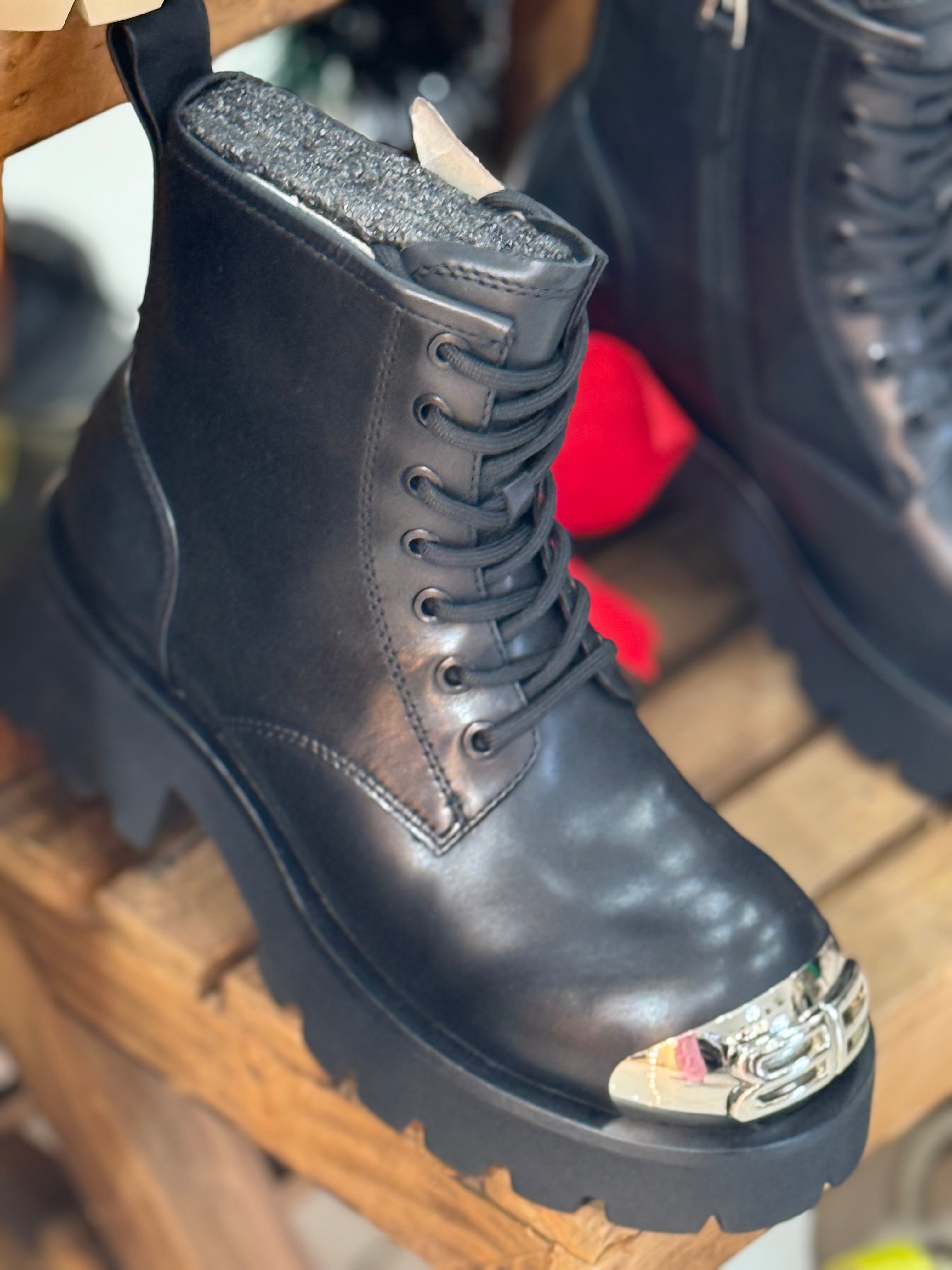 Black Combat Boots with Metallic Toe Detail