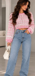Elegant Crochet Knit Crop Sweater – Beige & pink