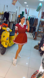 Preppy Knit Sweater with Striped Sleeves