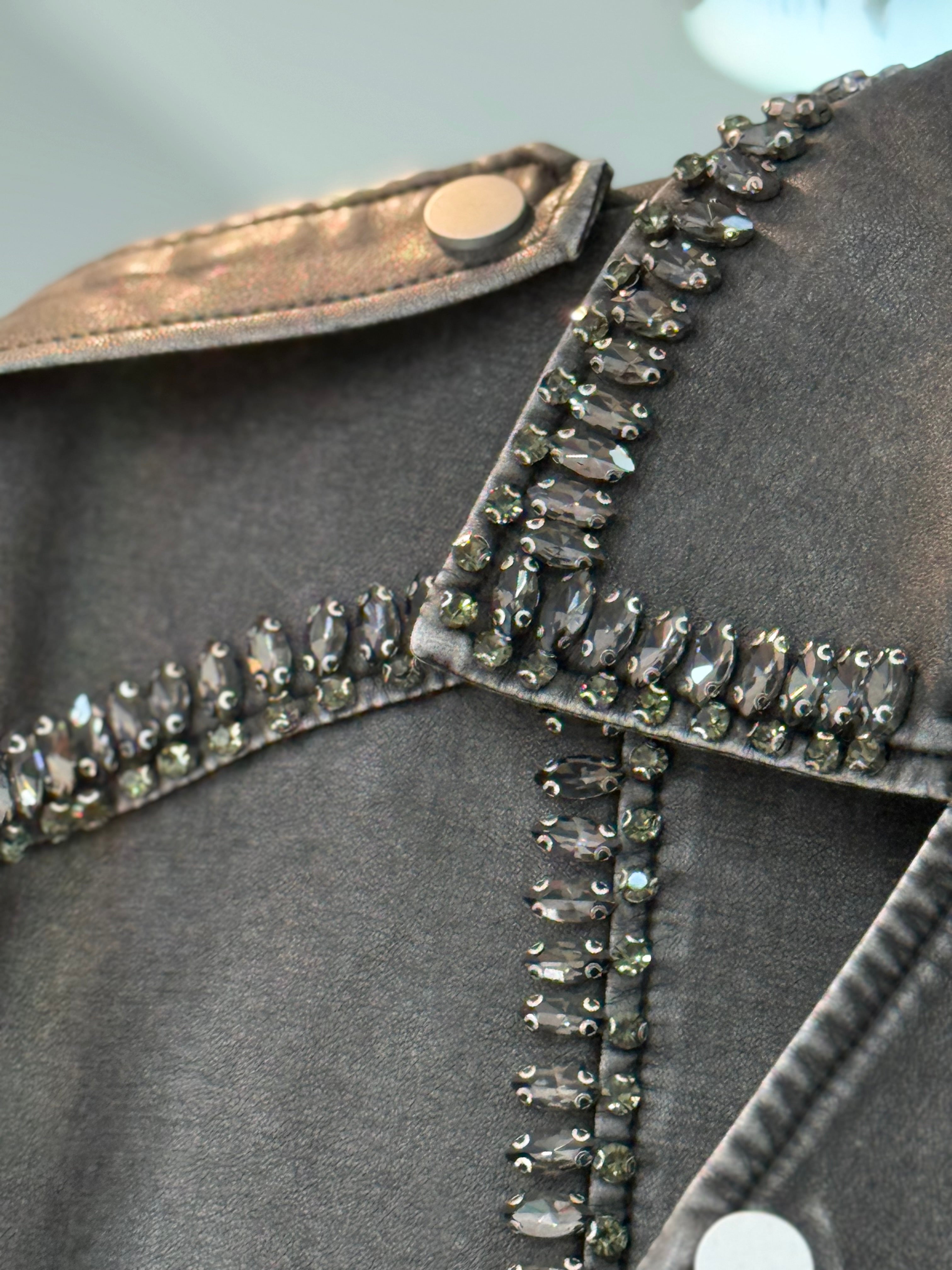 Leather rhinestones grey jacket