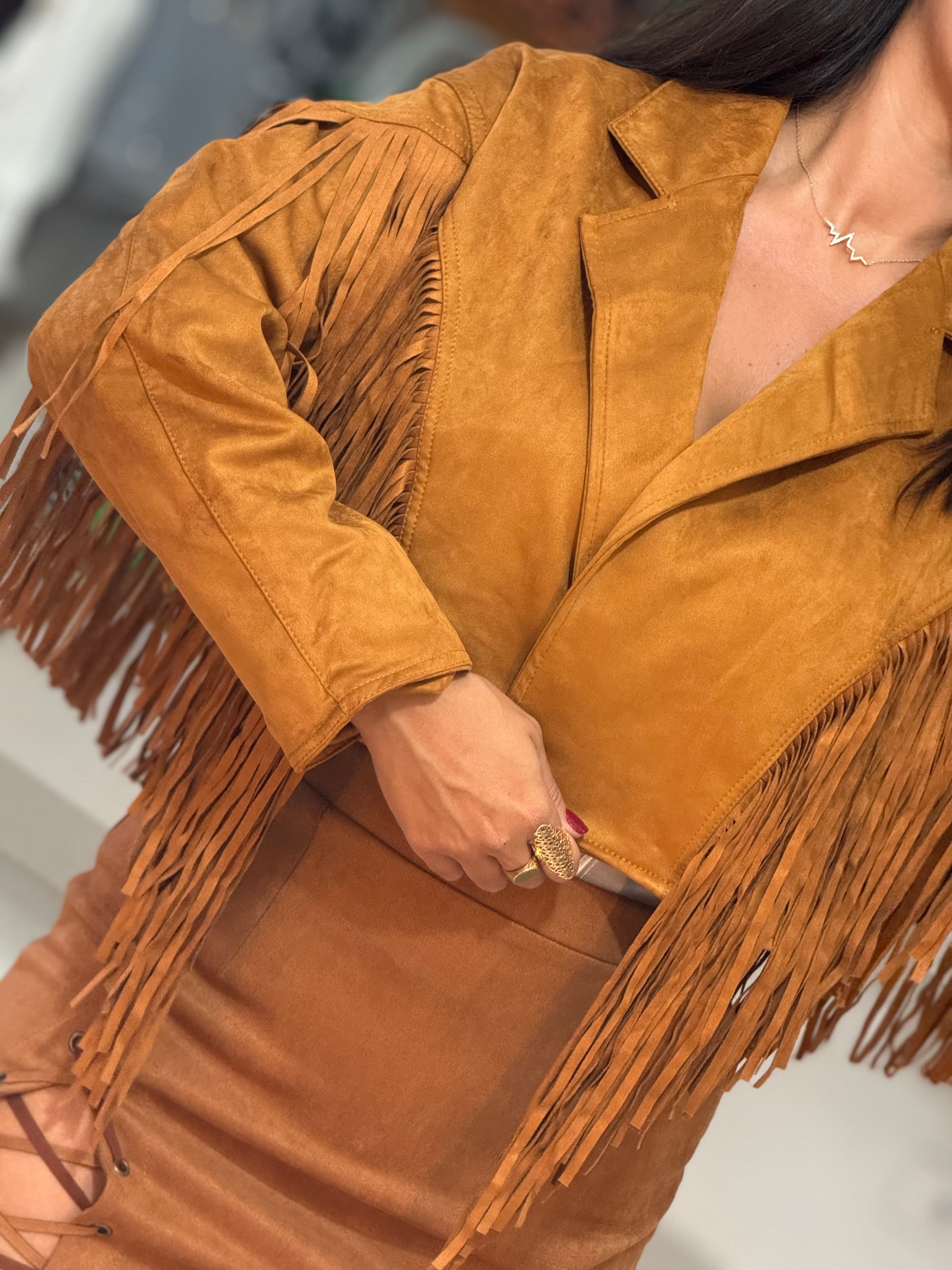 Fringe-Trim Light Brown Wool Jacket