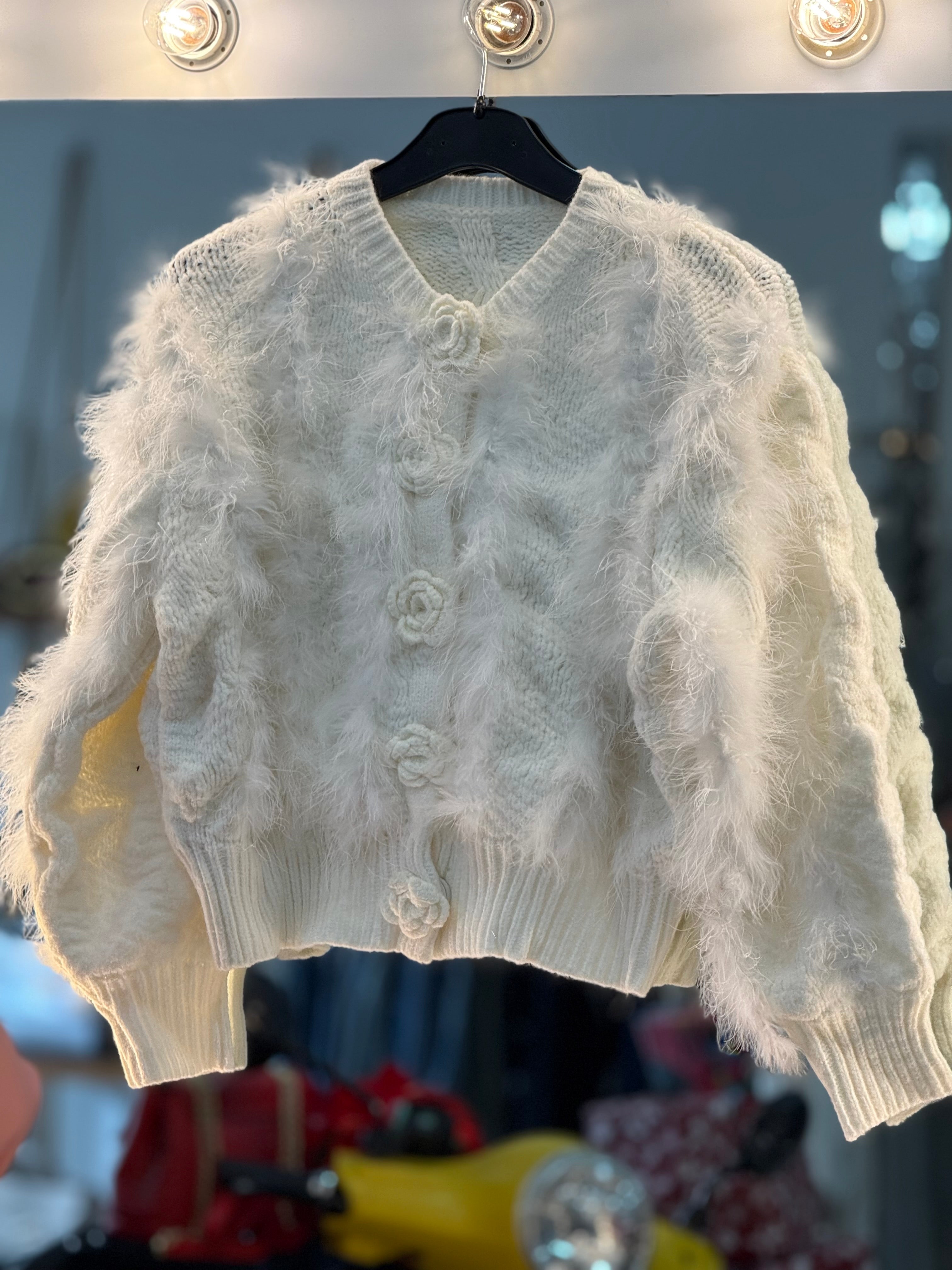 Off-White Fur & Wool Sweater with Flower Buttons