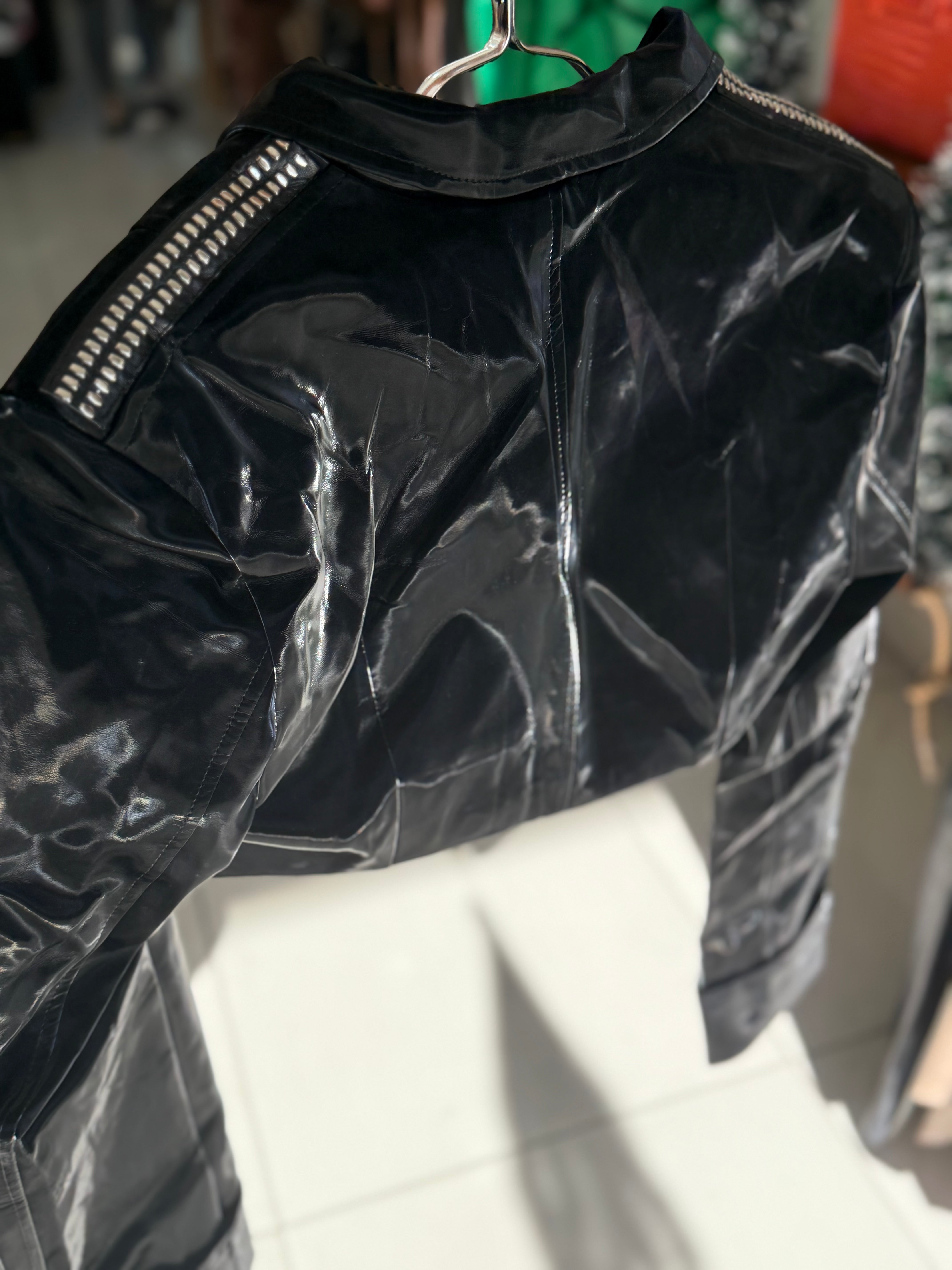 Glossy Black Cropped Leather Jacket