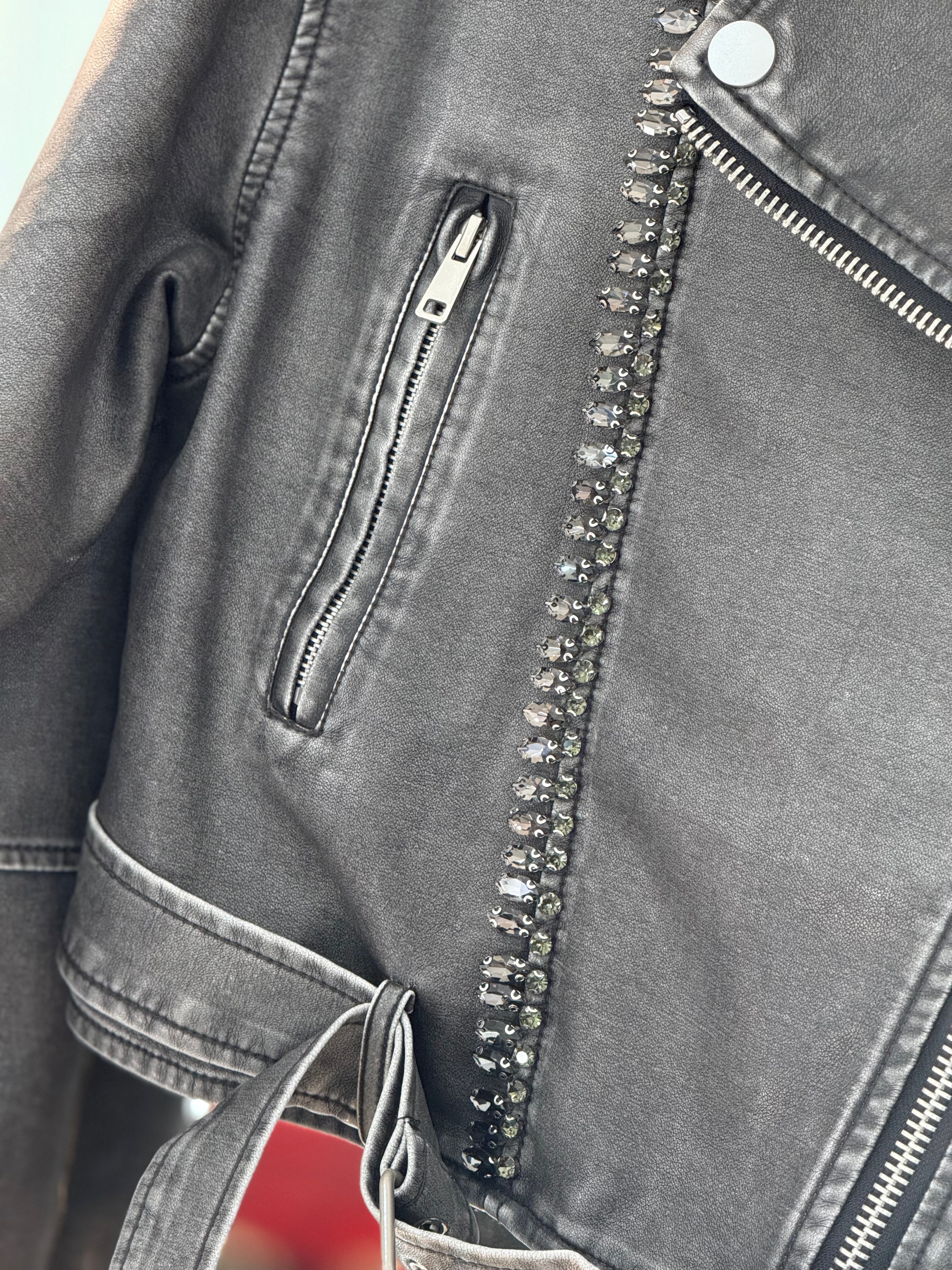 Leather rhinestones grey jacket