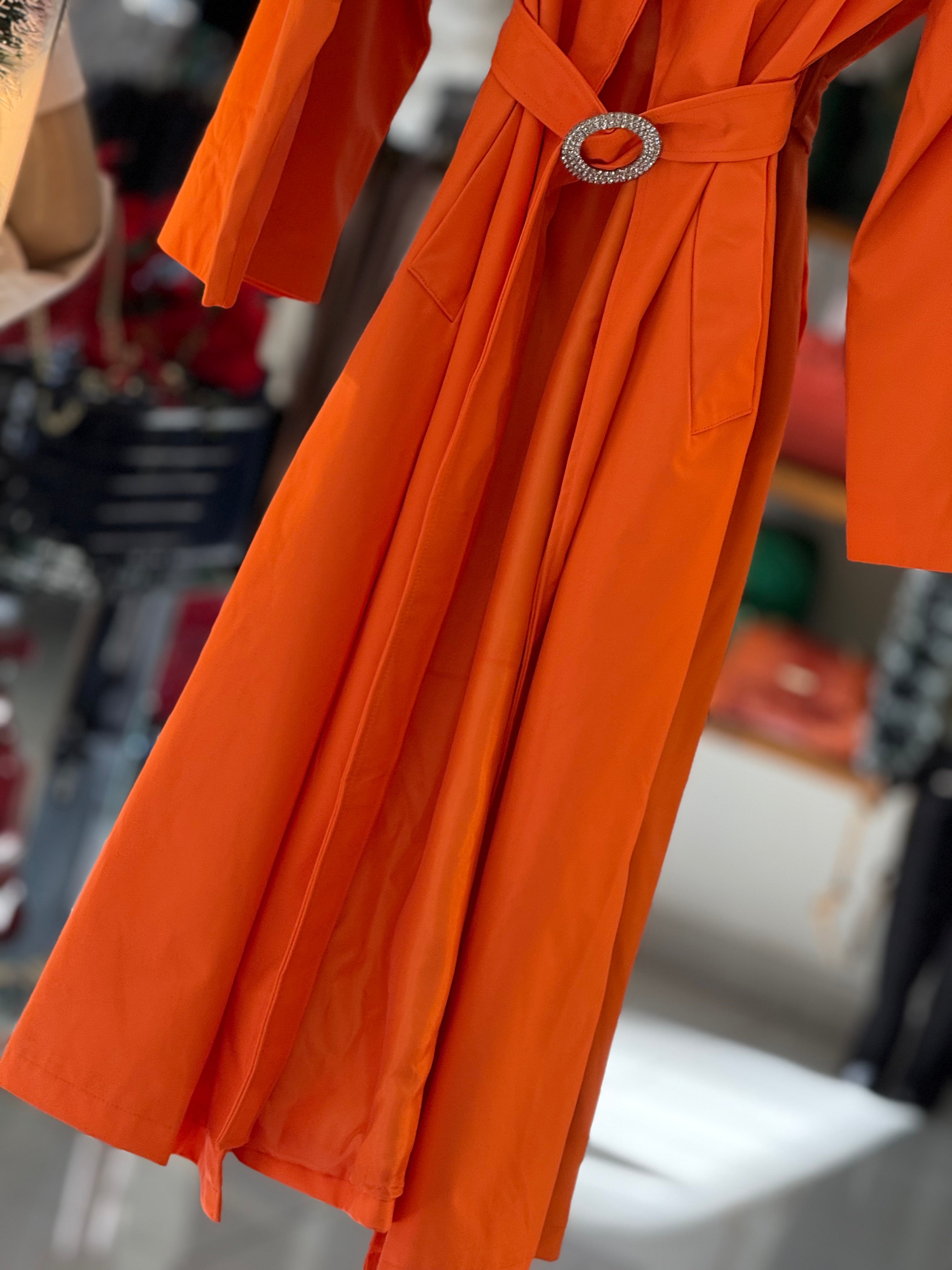 Leather long coat with stones belt