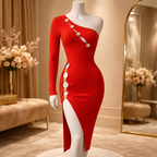One sleeve red bandage dress