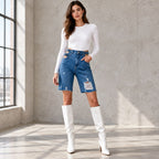 High-Waisted Distressed Denim Bermuda Shorts