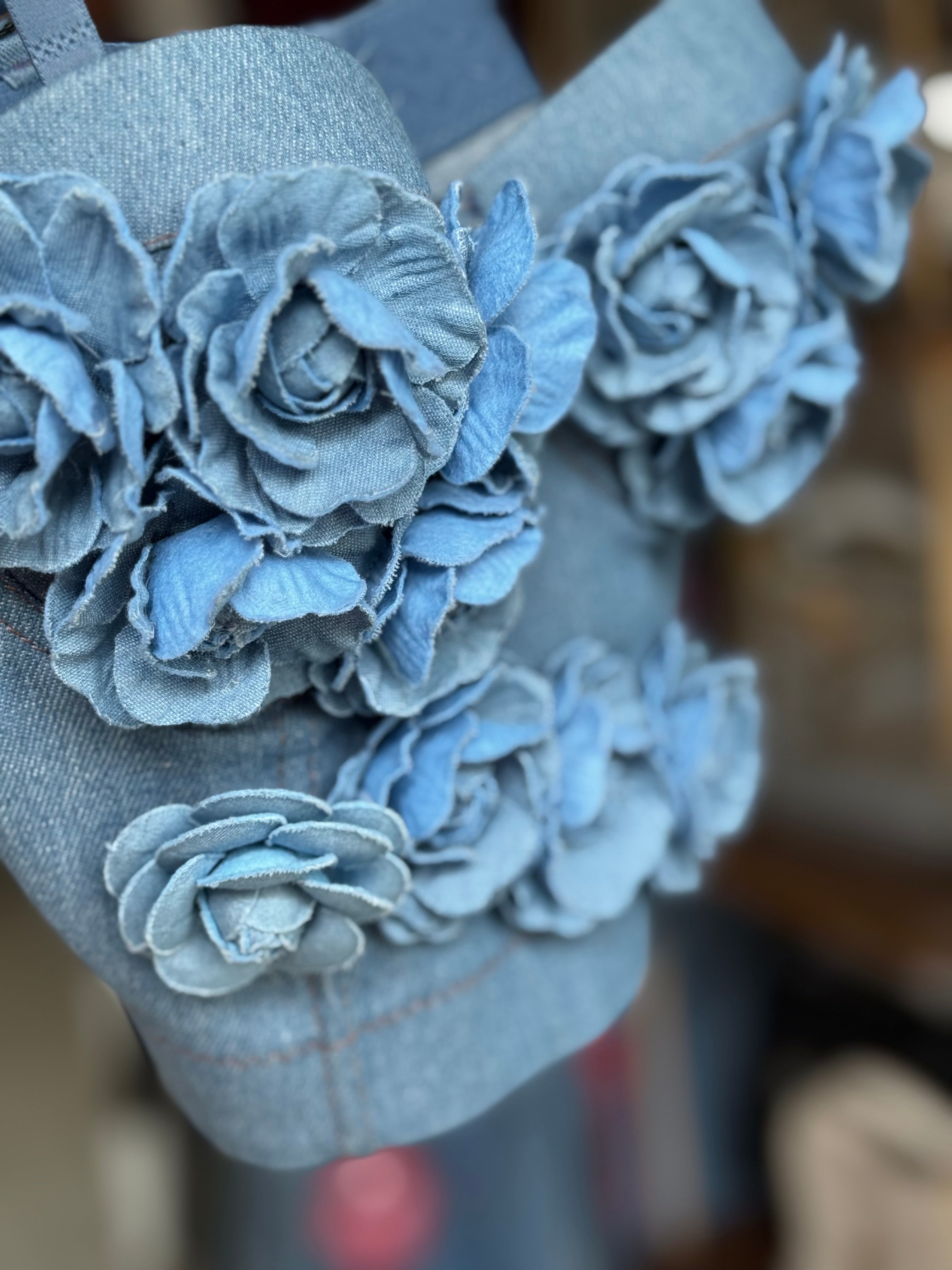 Floral denim padded corset crop top