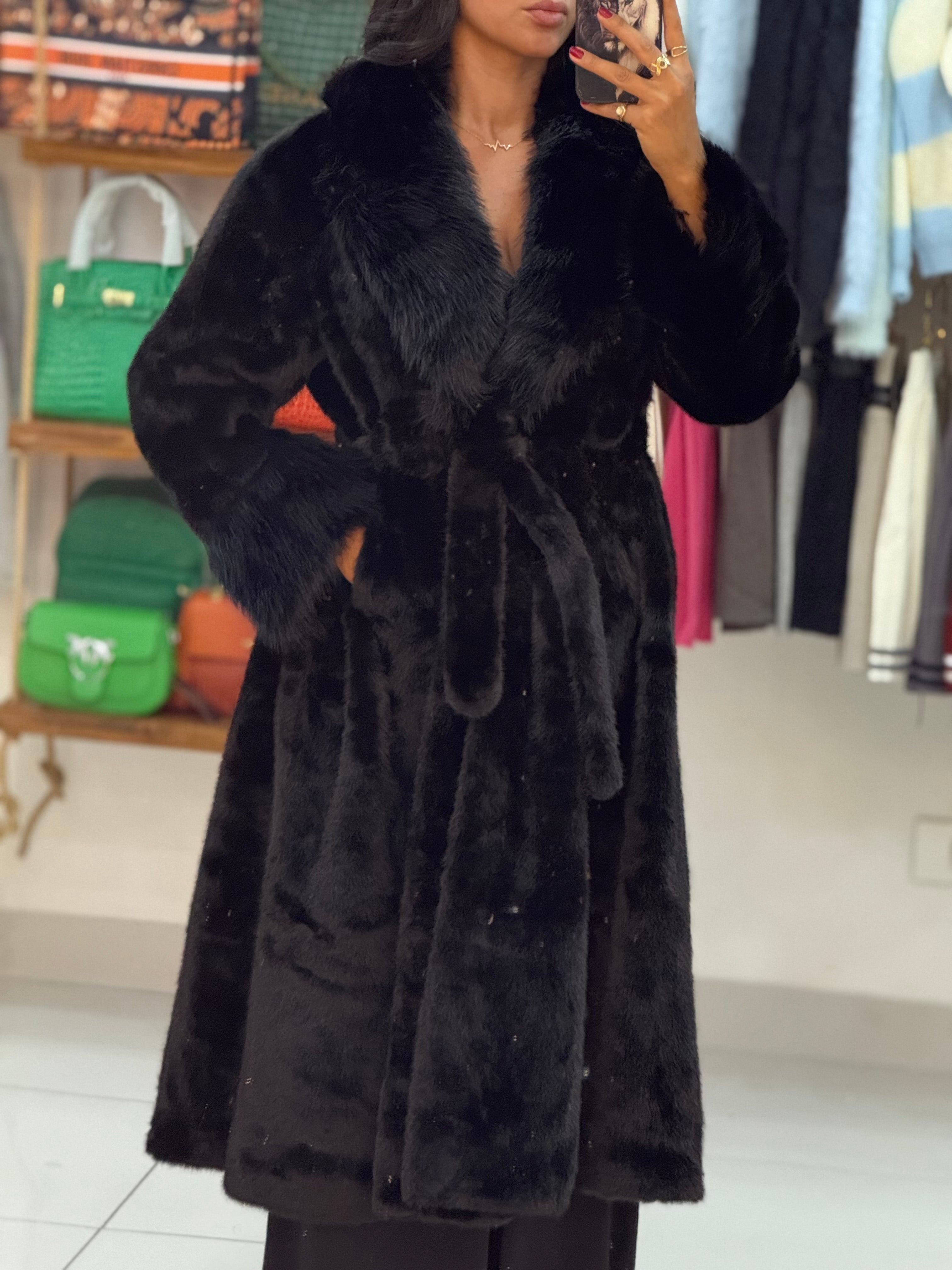 Fur black long coat