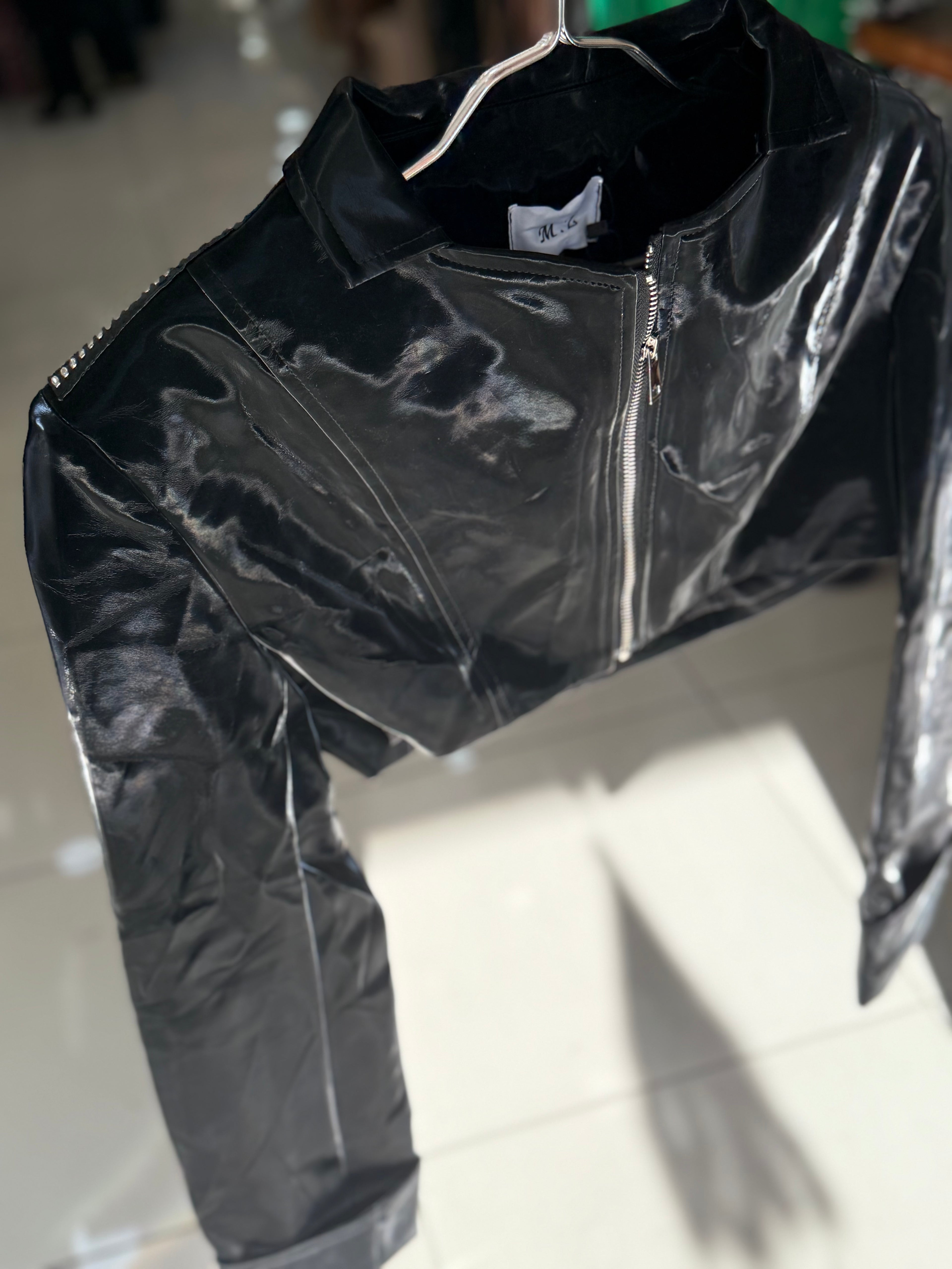 Glossy Black Cropped Leather Jacket