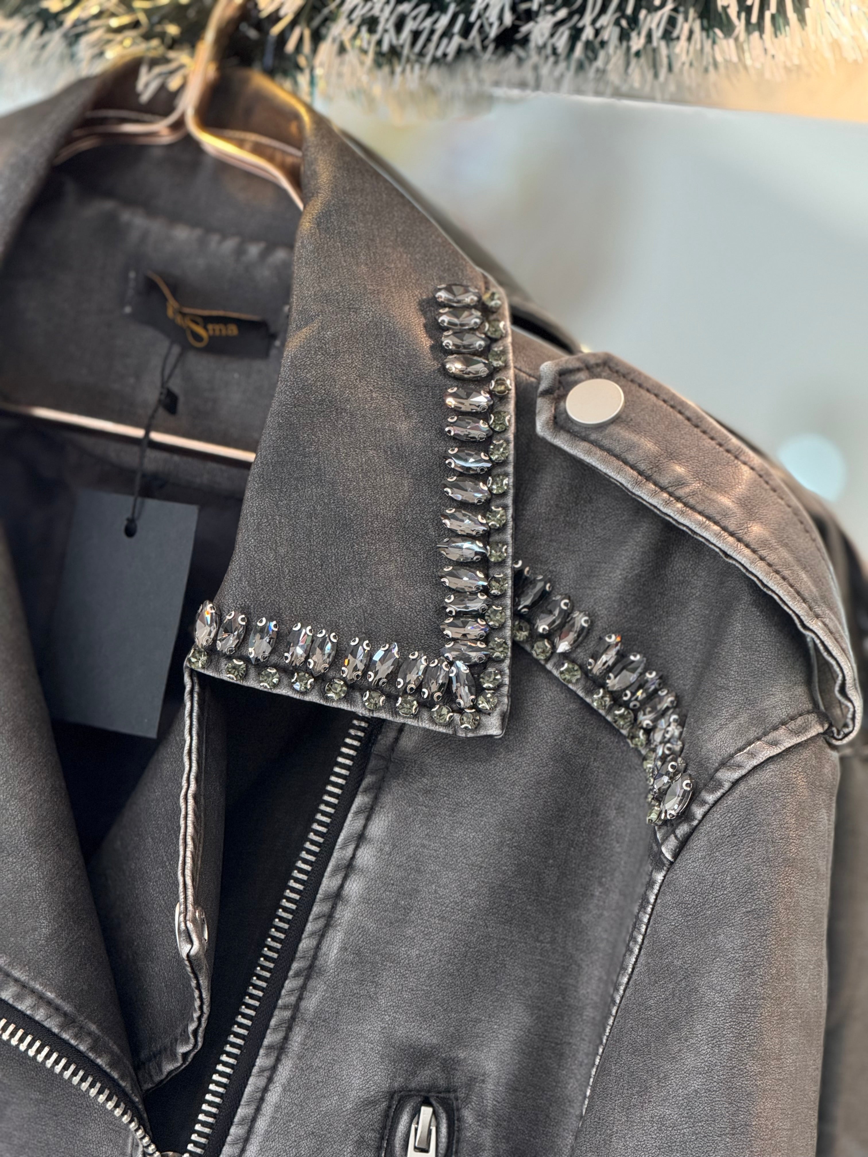 Leather rhinestones grey jacket