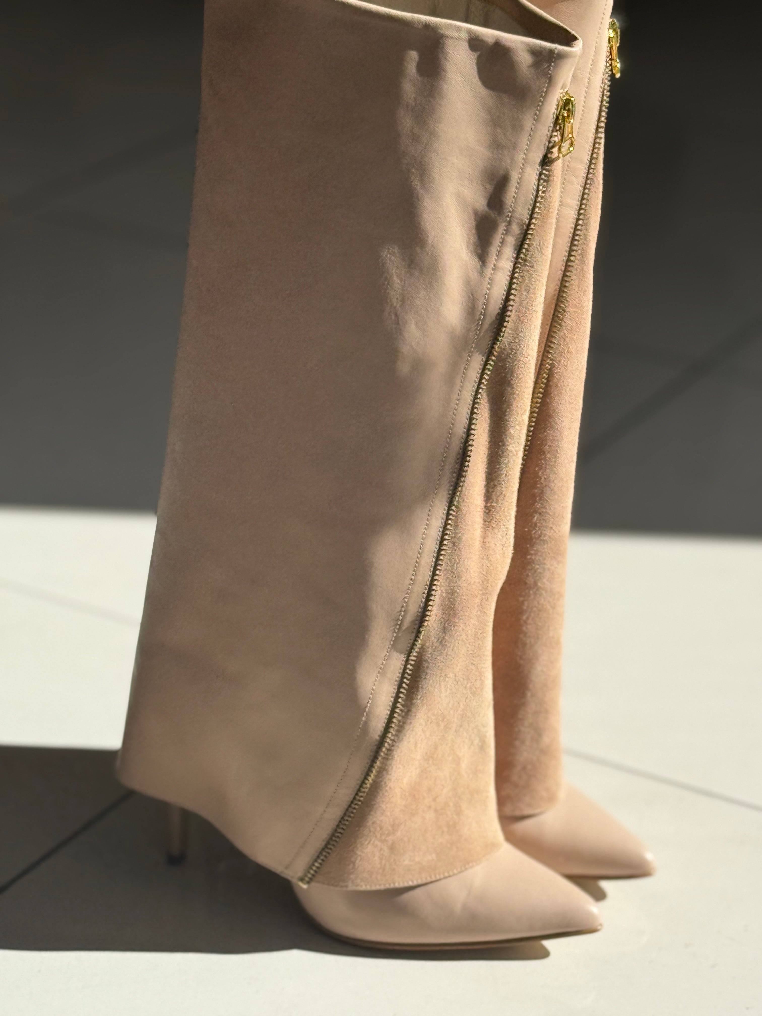 Real Leather Beige High-Heel Zipper Boots