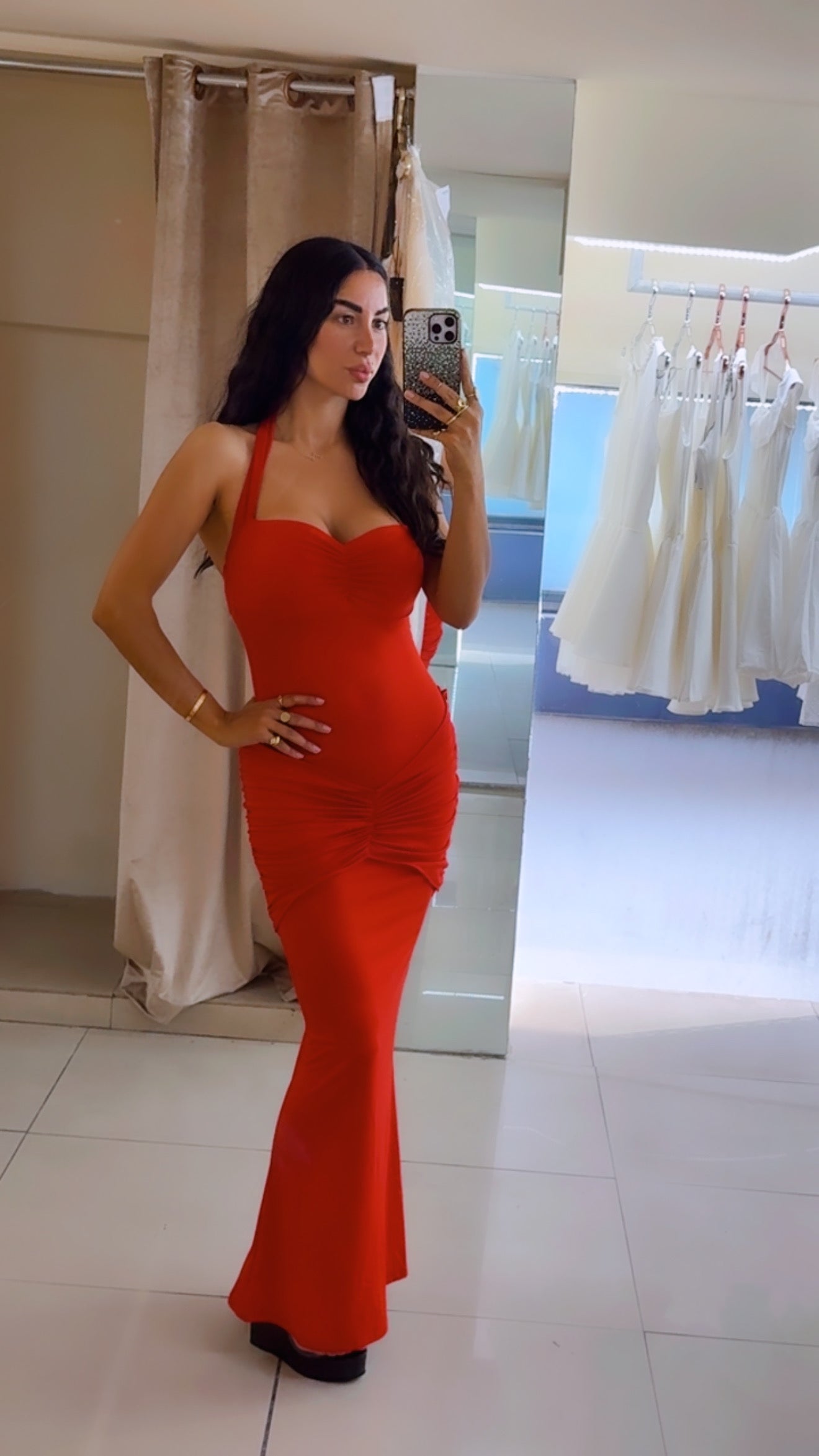 Red draped long dress