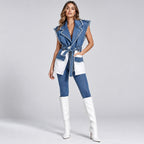 Chic Ruffle Detail Belted Denim Vest