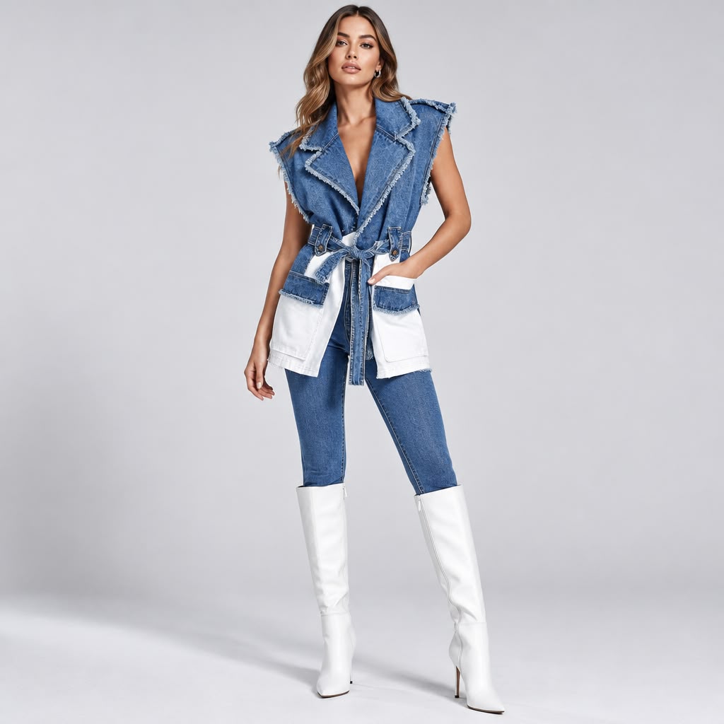 Chic Ruffle Detail Belted Denim Vest