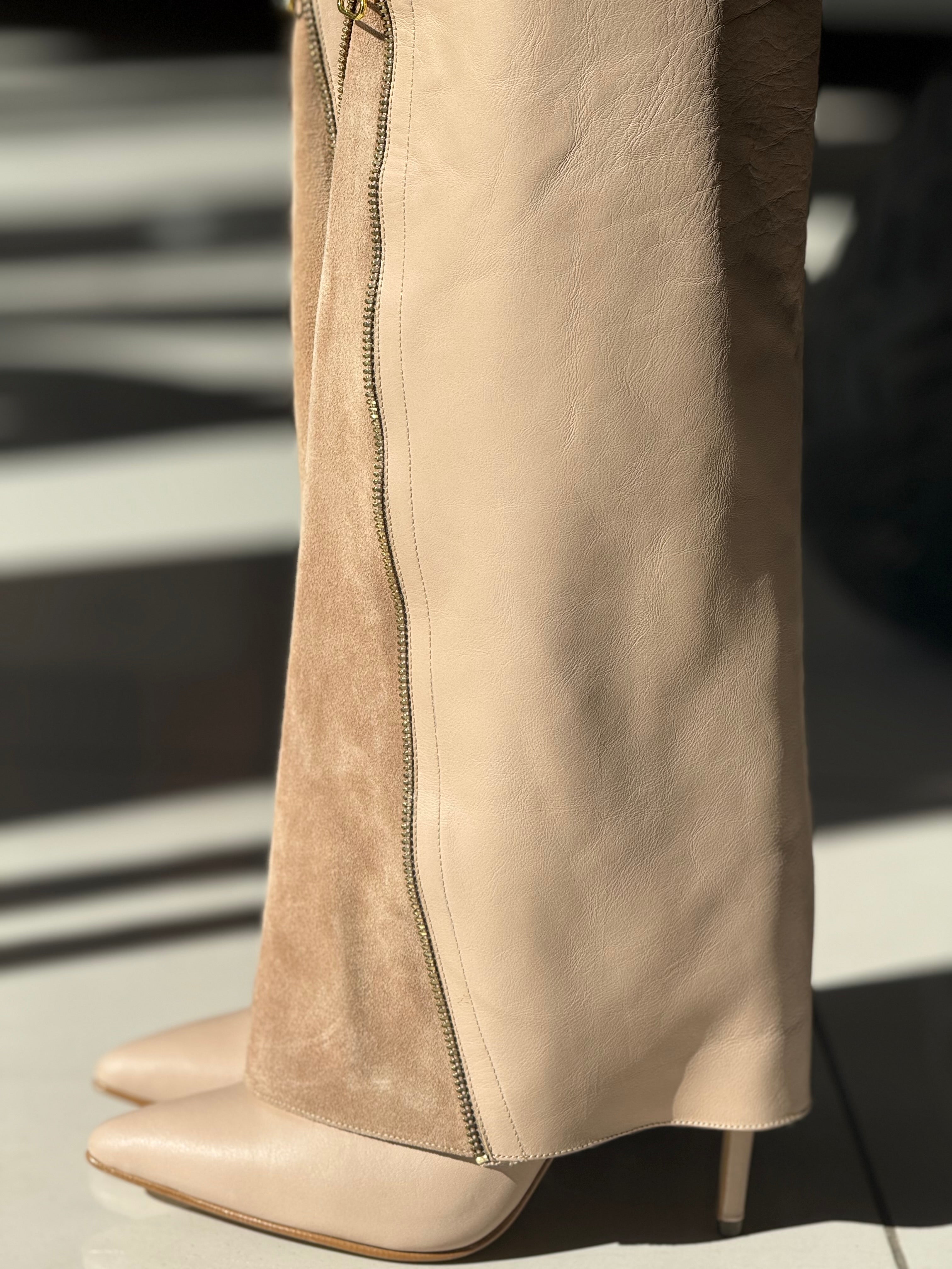 Real Leather Beige High-Heel Zipper Boots