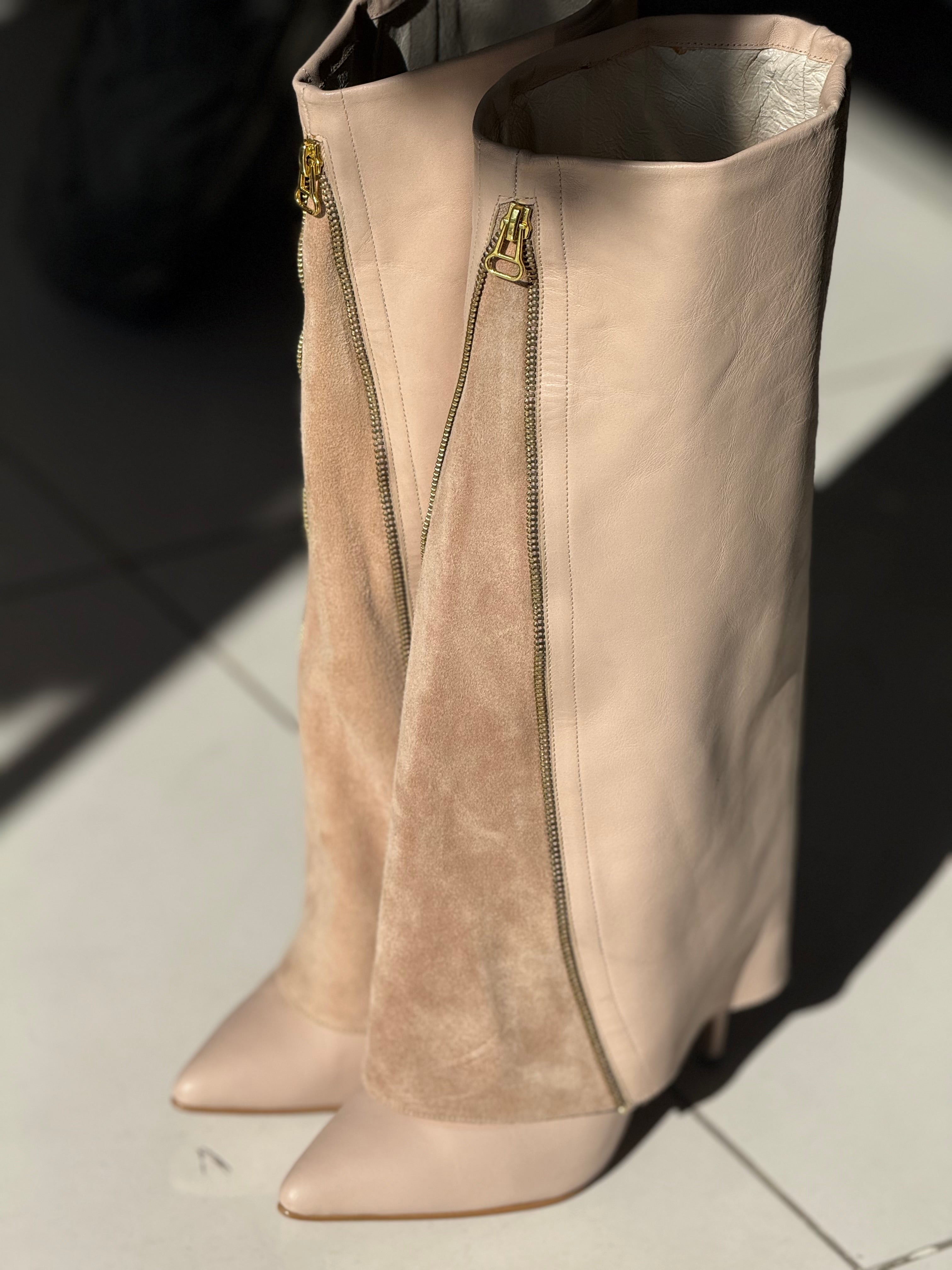 Real Leather Beige High-Heel Zipper Boots