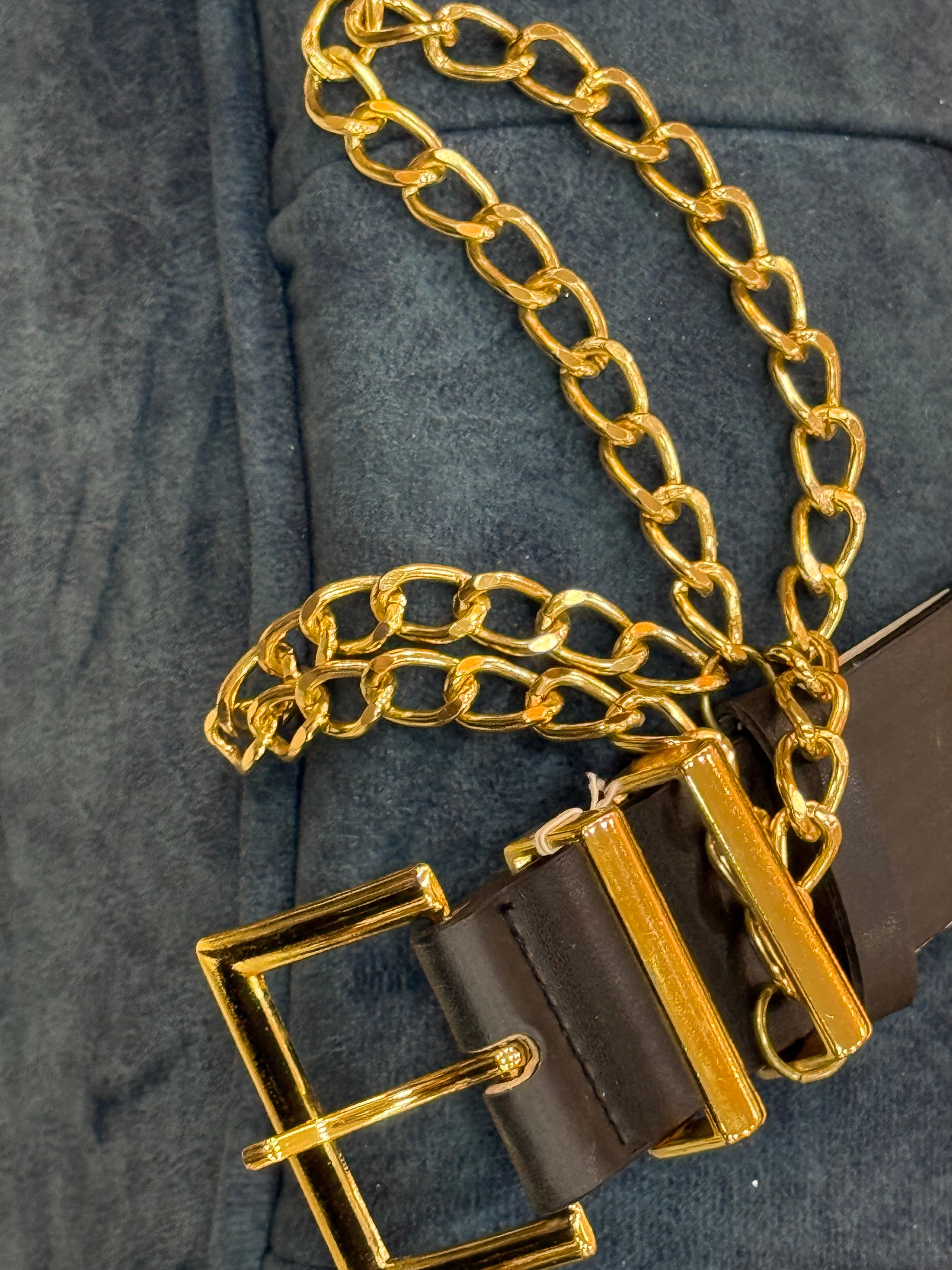 Black Leather Belt with Gold Chain