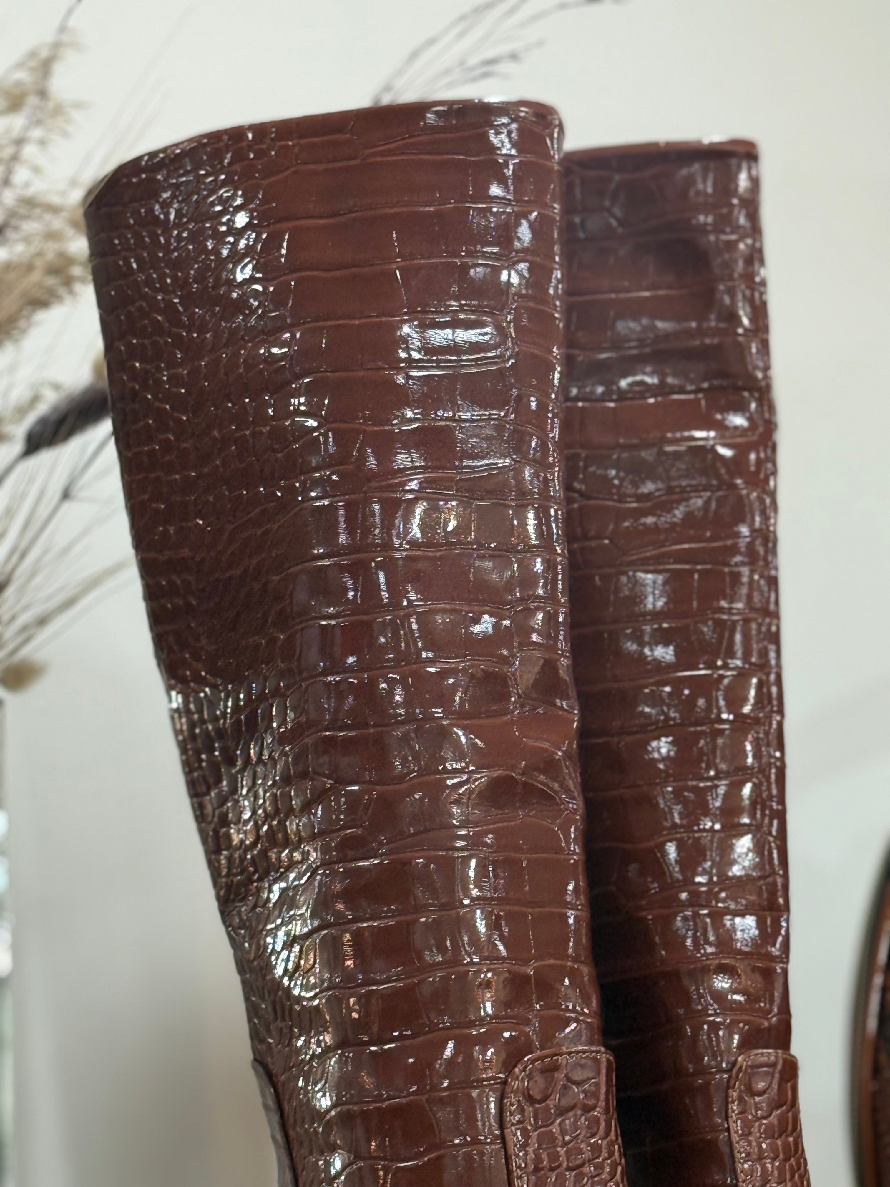 Leather croco high heels boots