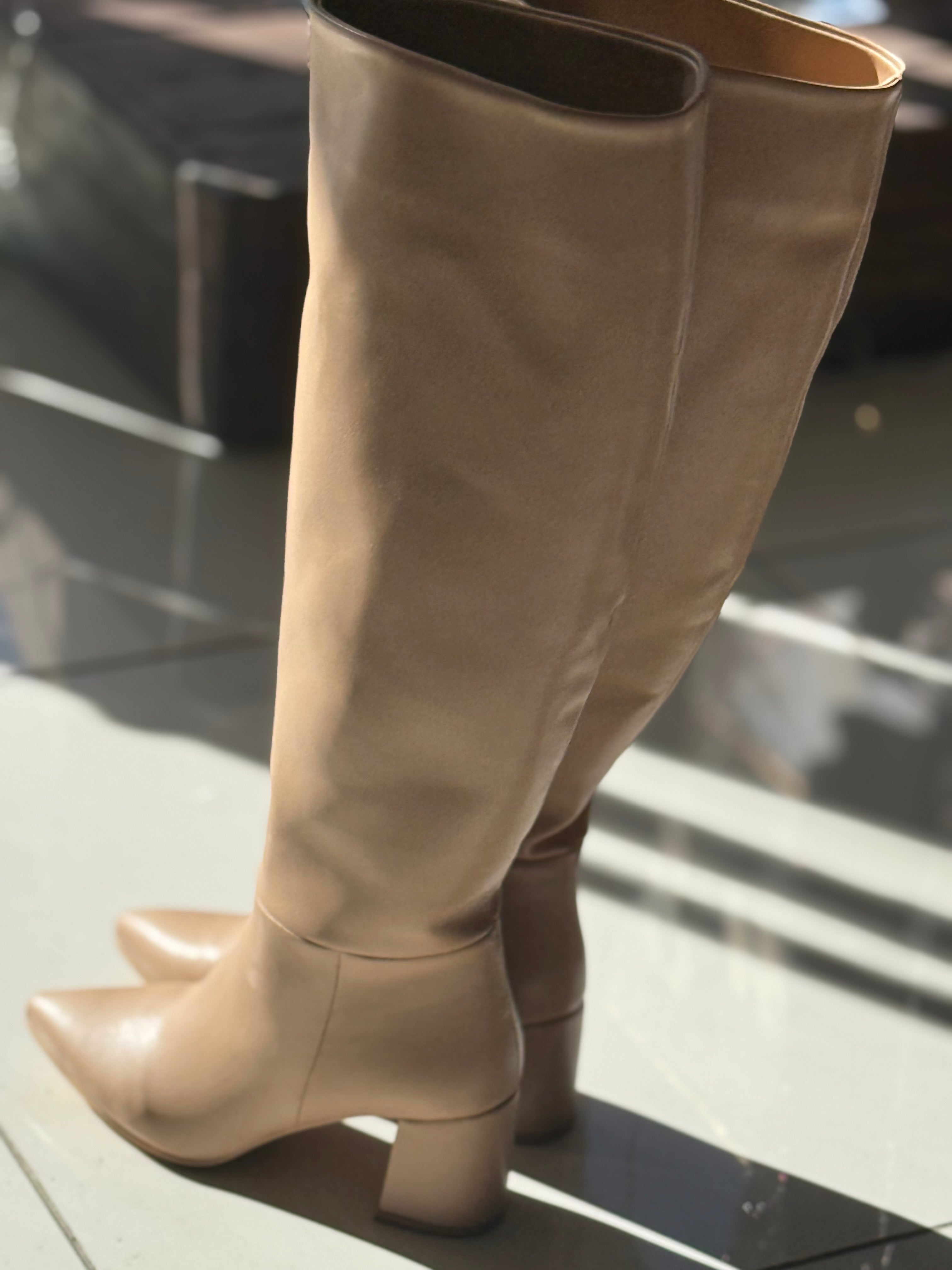 Low heel leather nude boots