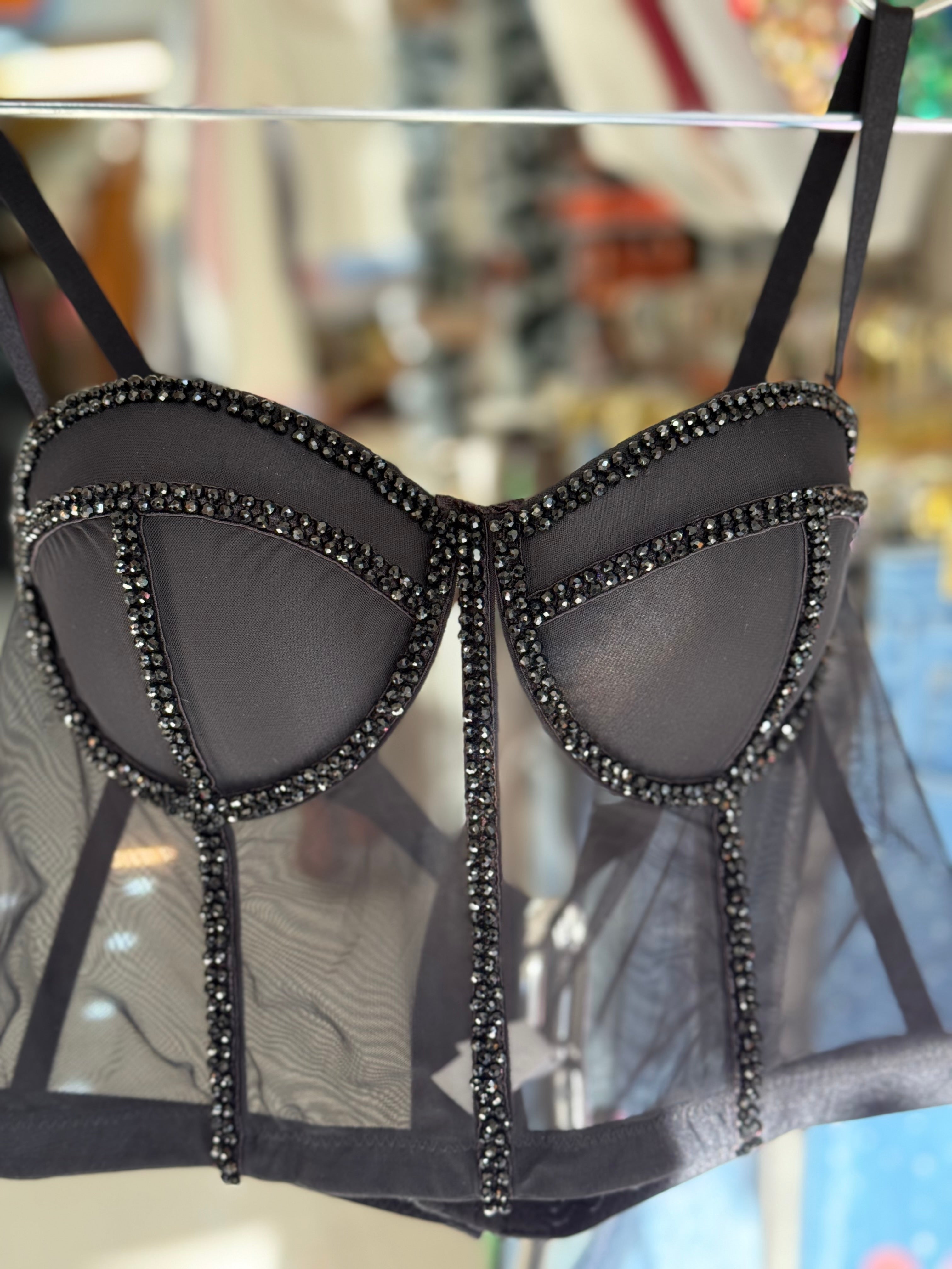 Black Rhinestone See-Through Padded Corset
