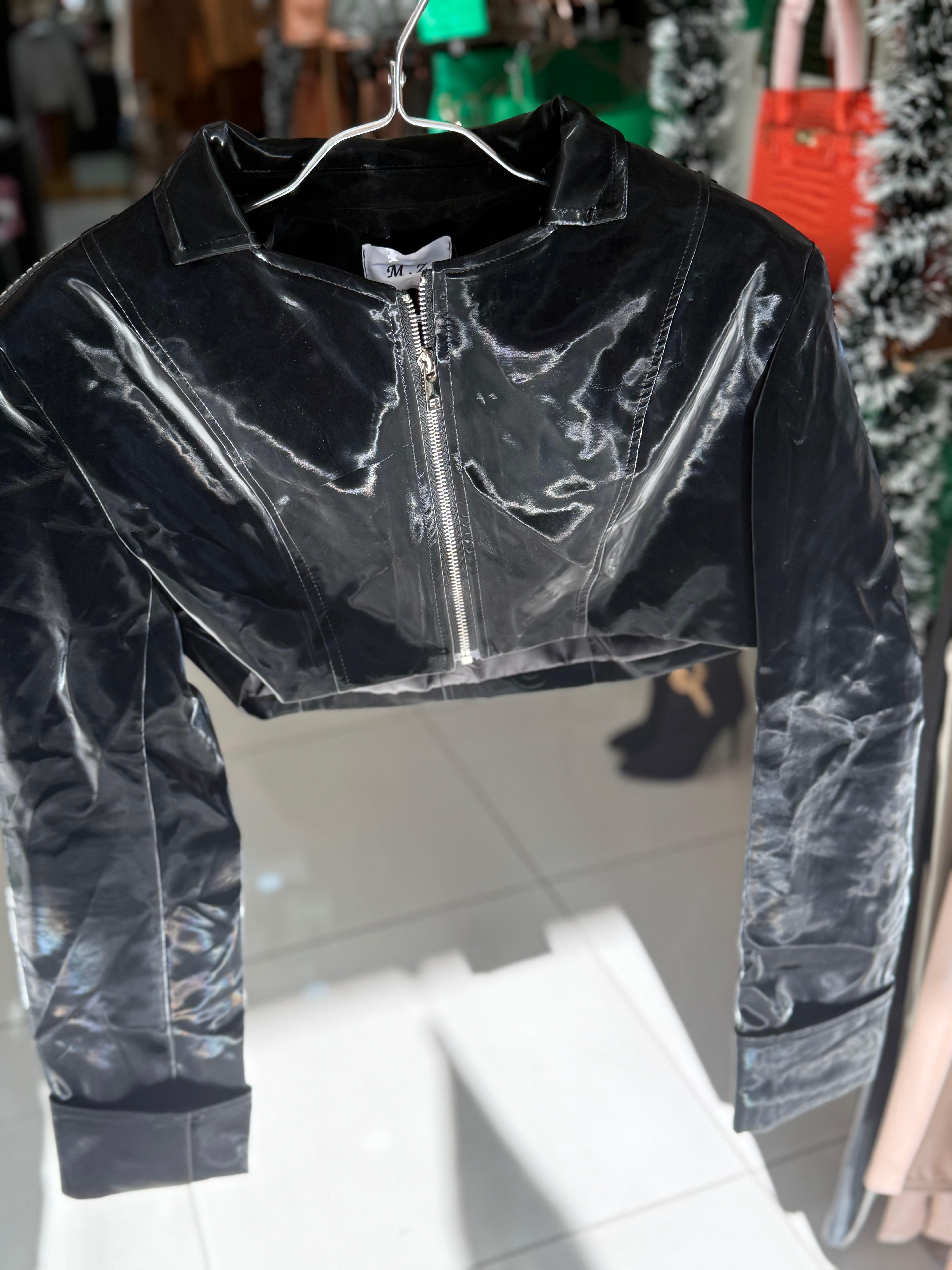 Glossy Black Cropped Leather Jacket