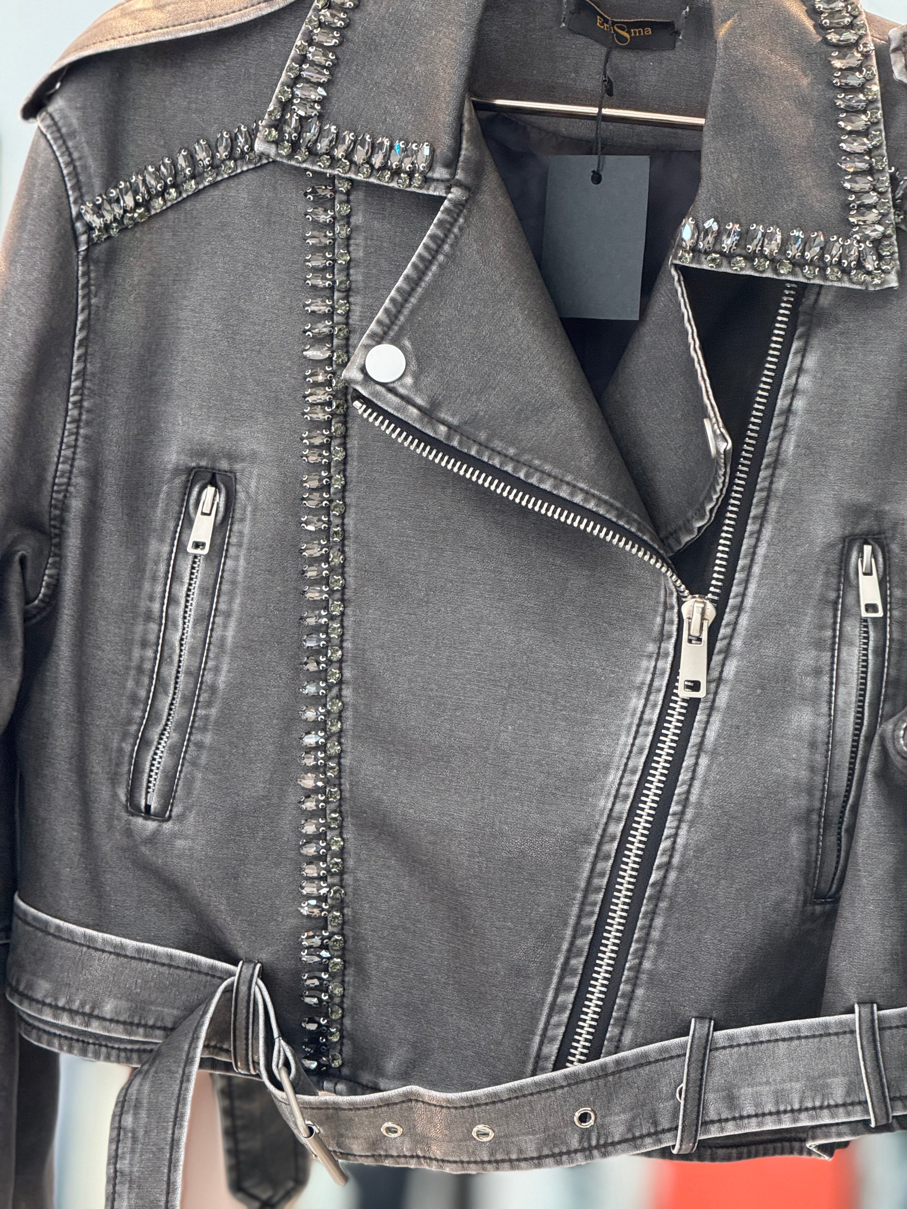 Leather rhinestones grey jacket