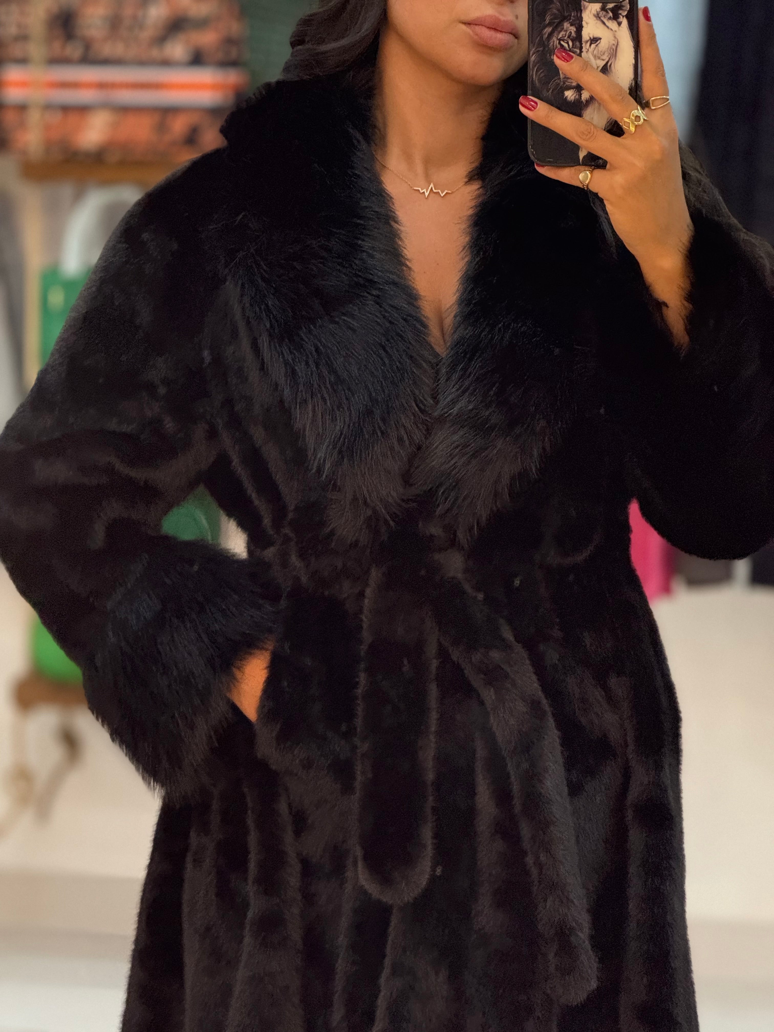 Fur black long coat