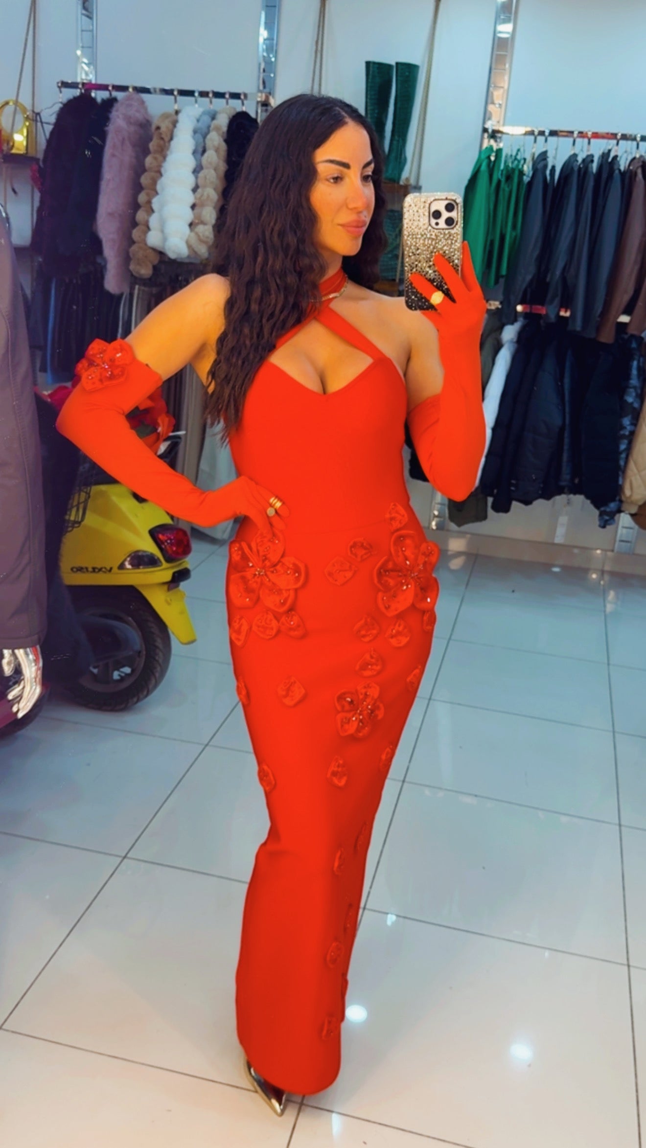 Bandage red flower dress with gloves