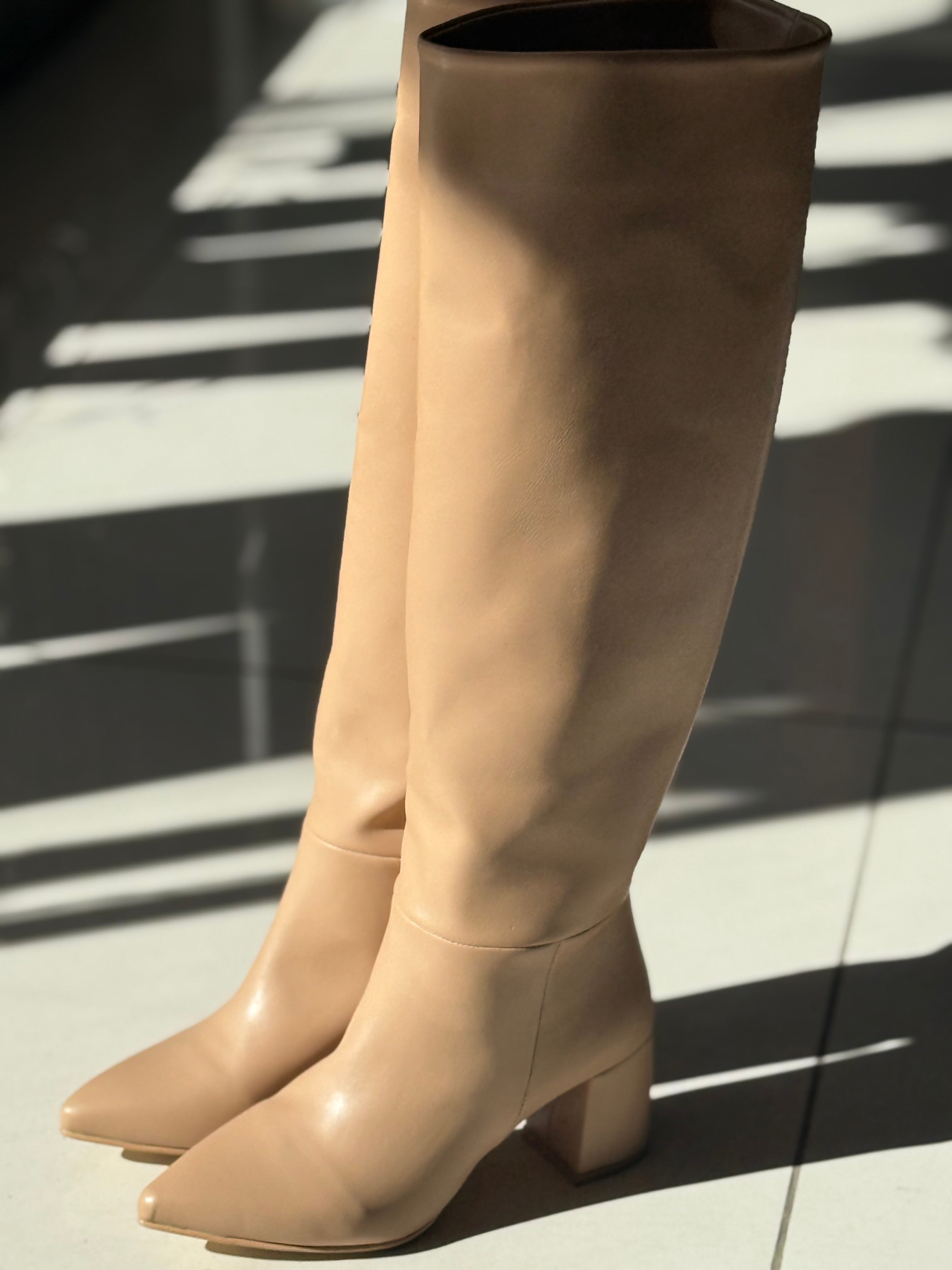 Low heel leather nude boots