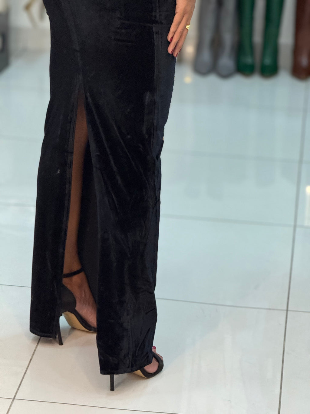 Rhinestone Black Velvet Maxi Dress – Multicolour Sparkle Glam