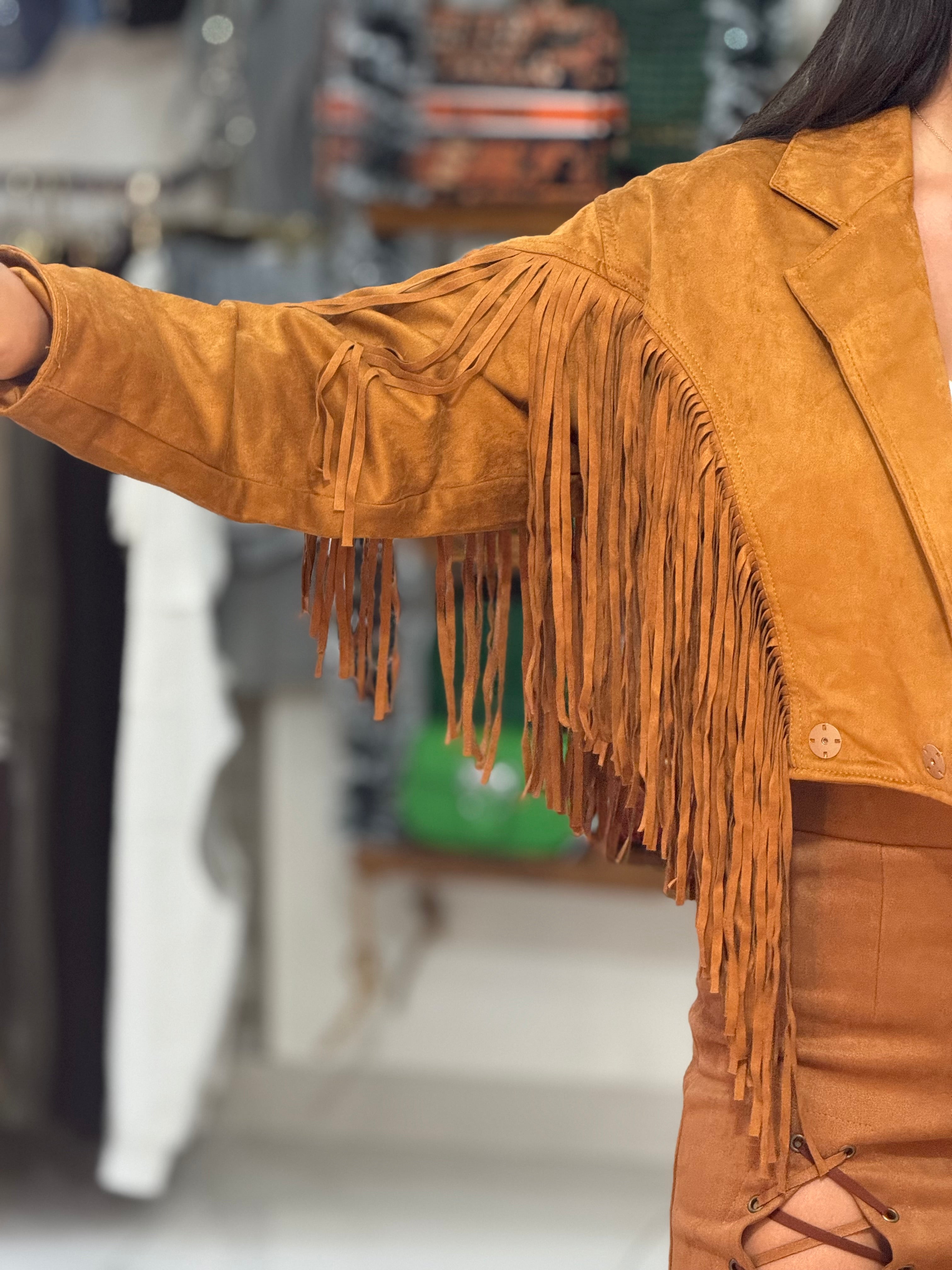 Fringe-Trim Light Brown Wool Jacket