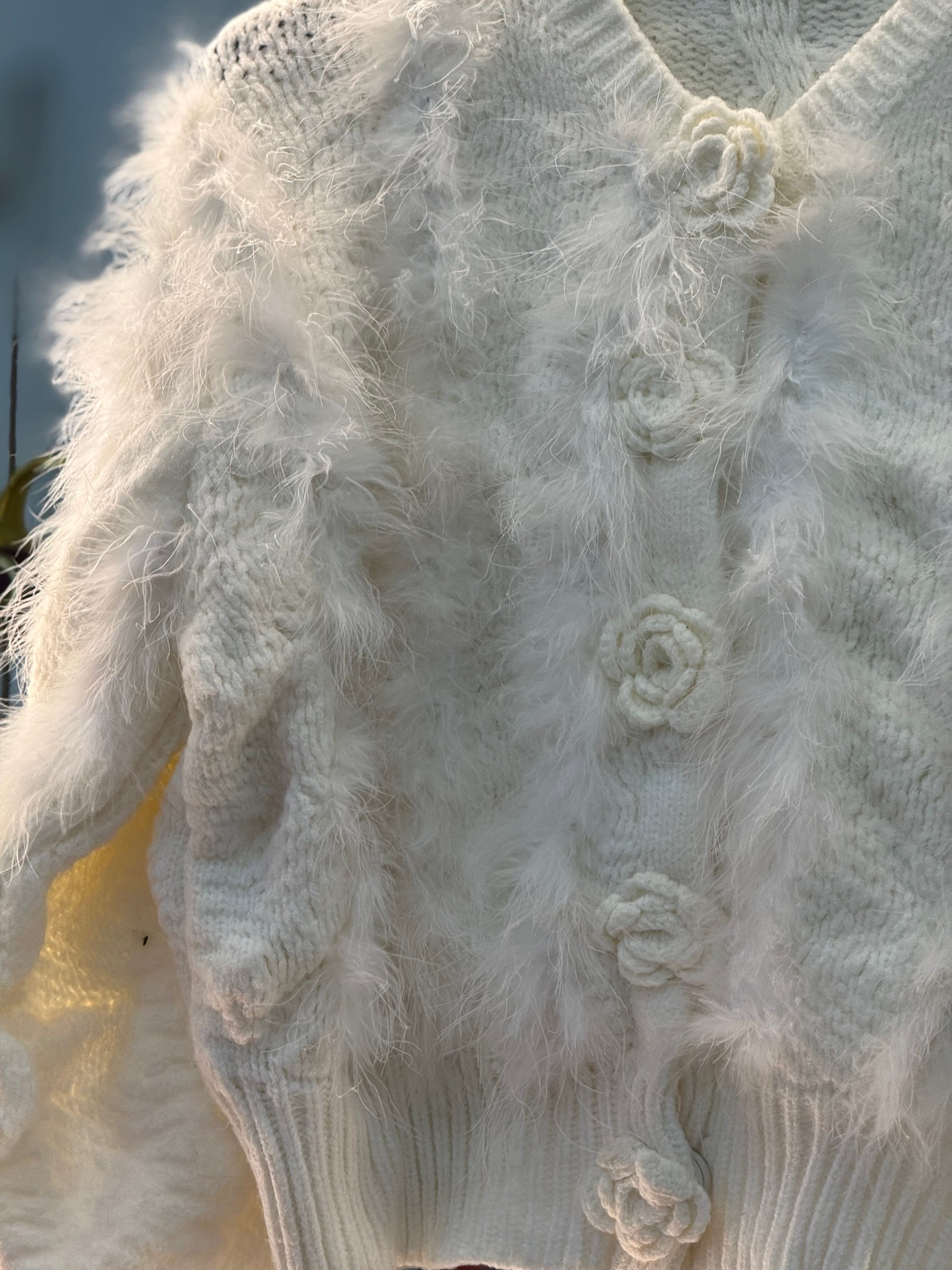 Off-White Fur & Wool Sweater with Flower Buttons
