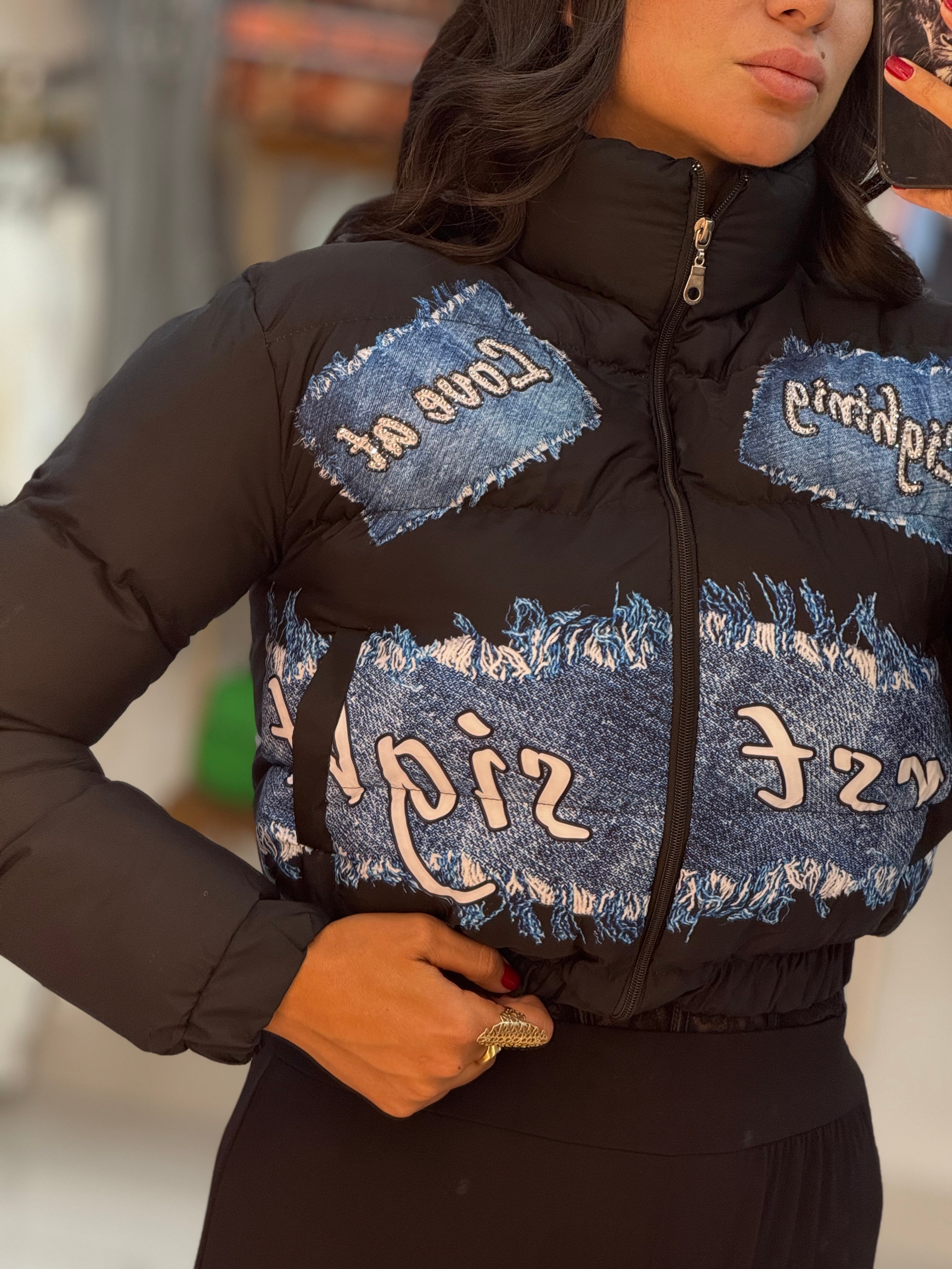 Puff crop jacket with denim