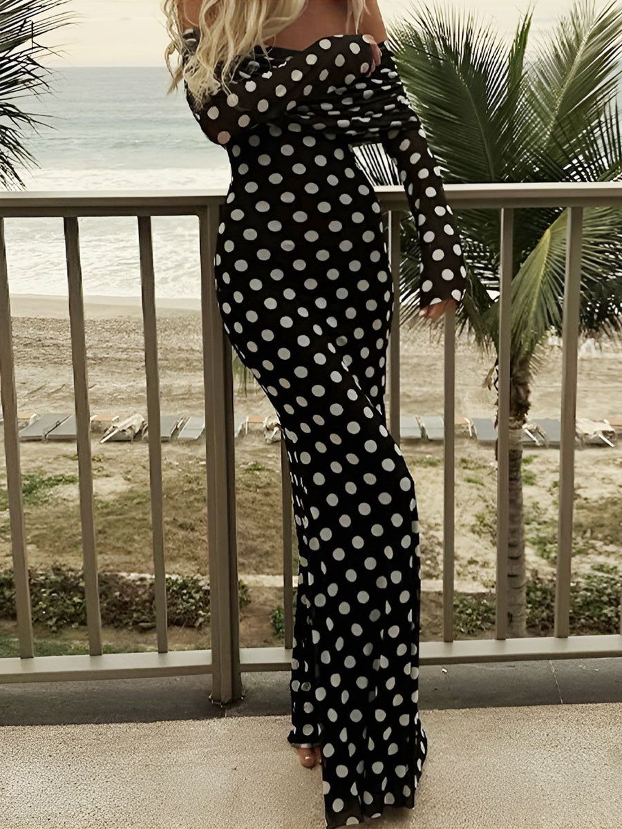 Pointed Black & White Off-Shoulder Long Dress