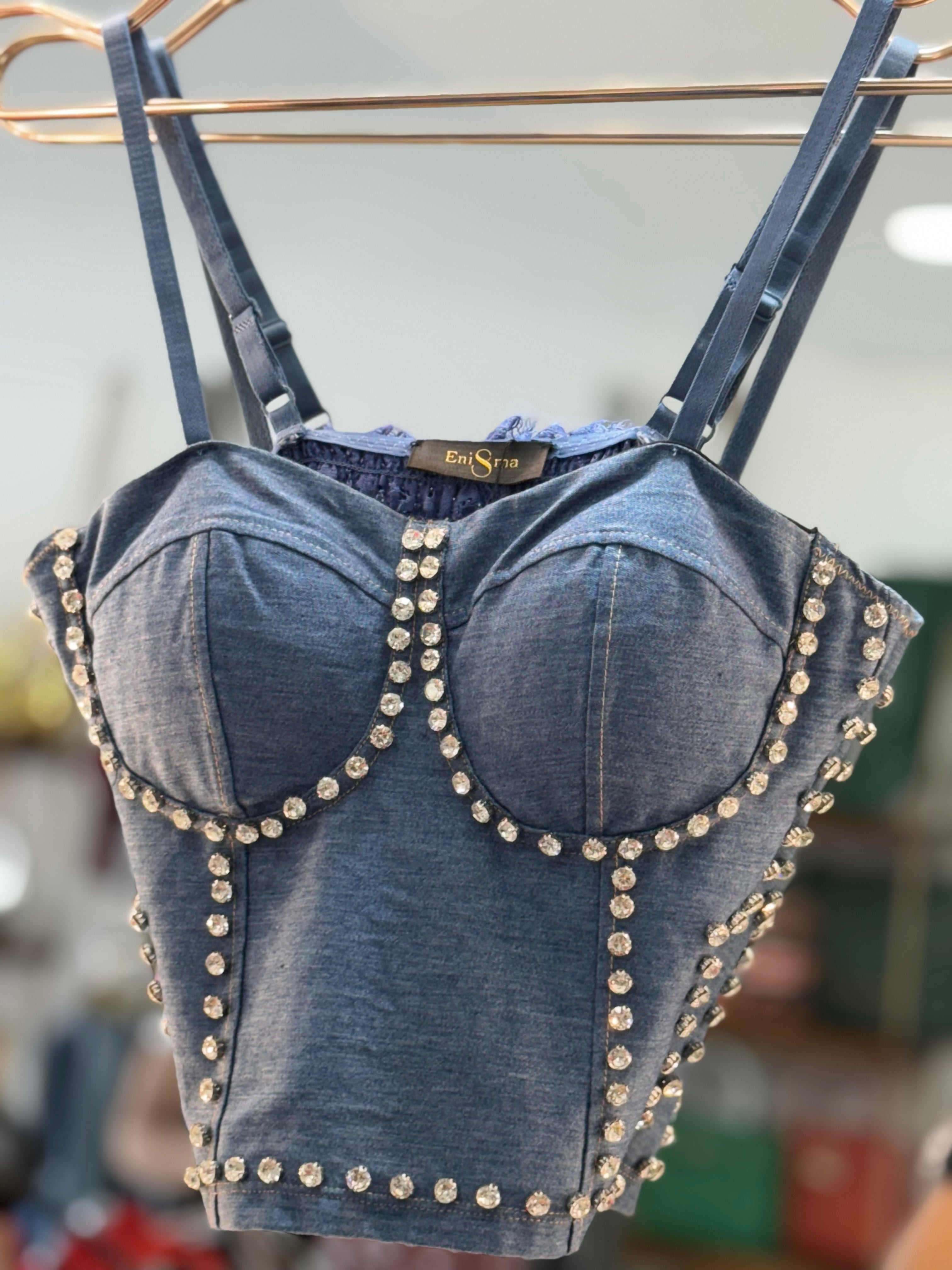 Strass‑Embellished Crop Corset with Built‑in Breast Pads – Black & Denim