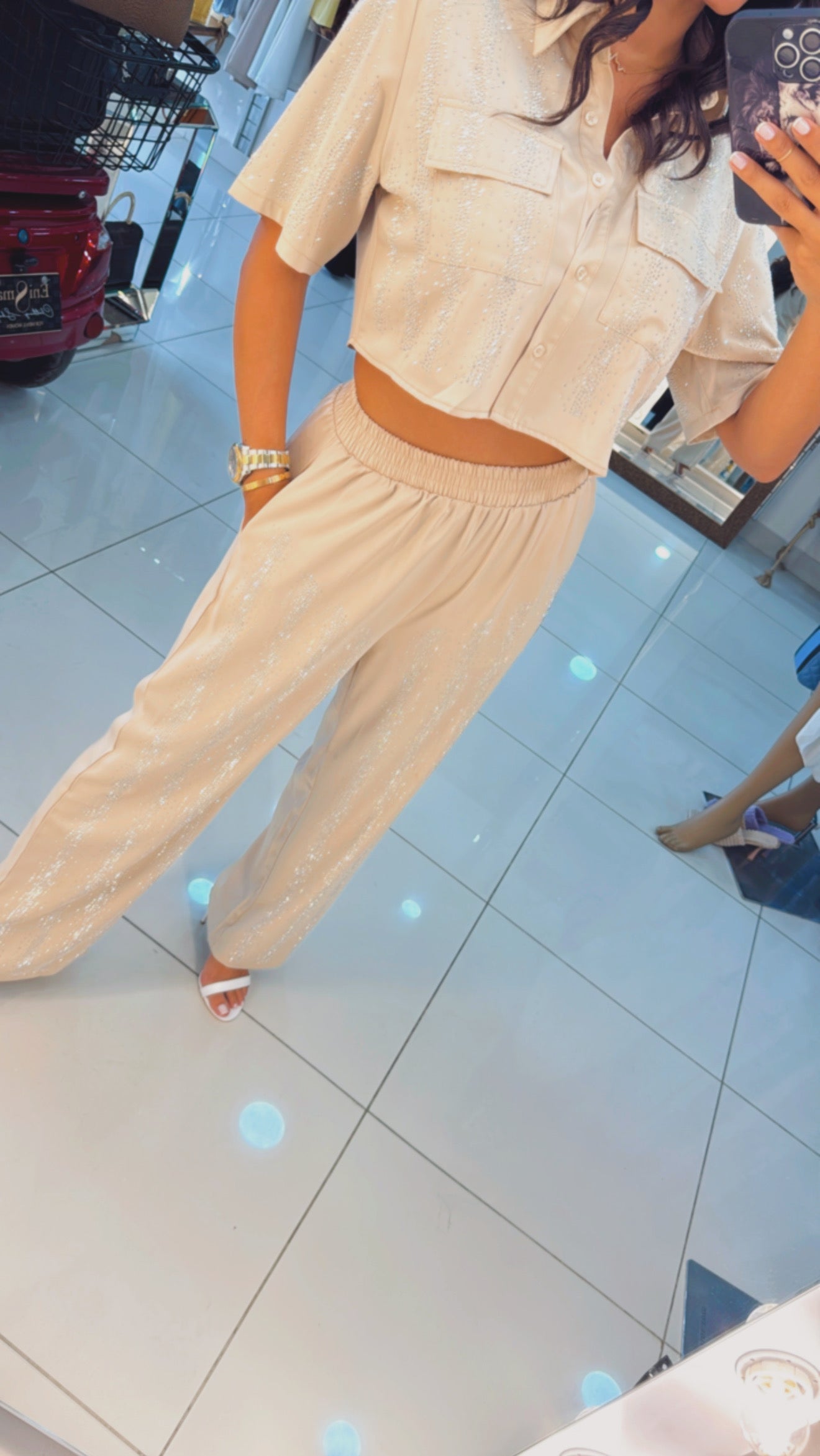 Rhine stone short sleeve beige Set