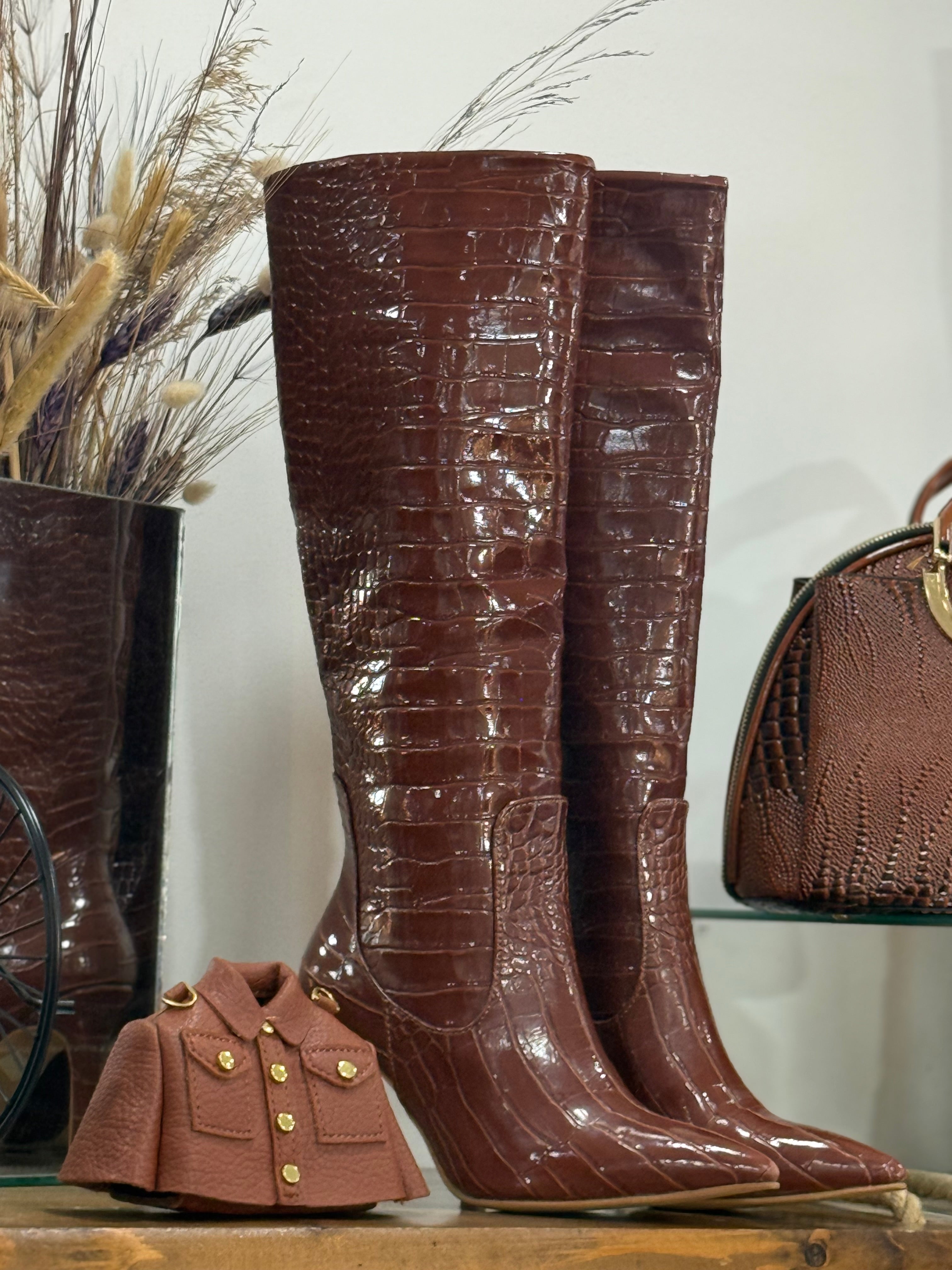 Leather croco high heels boots