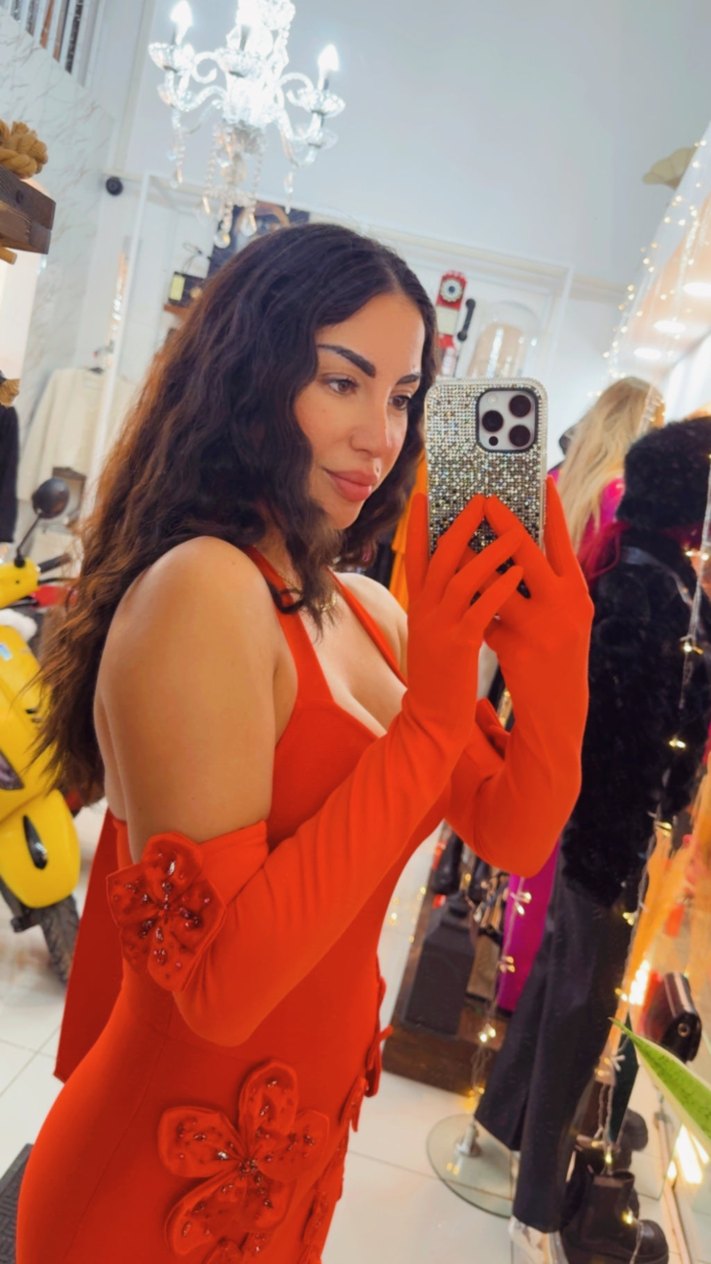 Bandage red flower dress with gloves