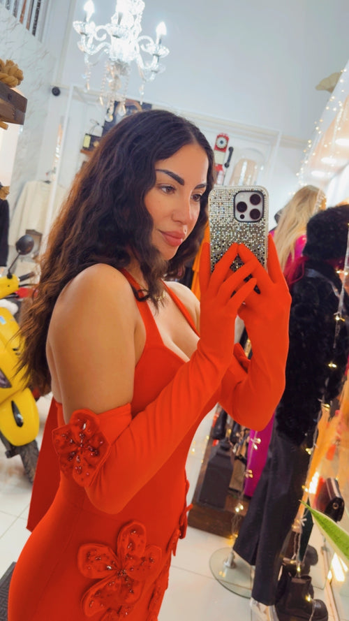 Bandage red flower dress with gloves